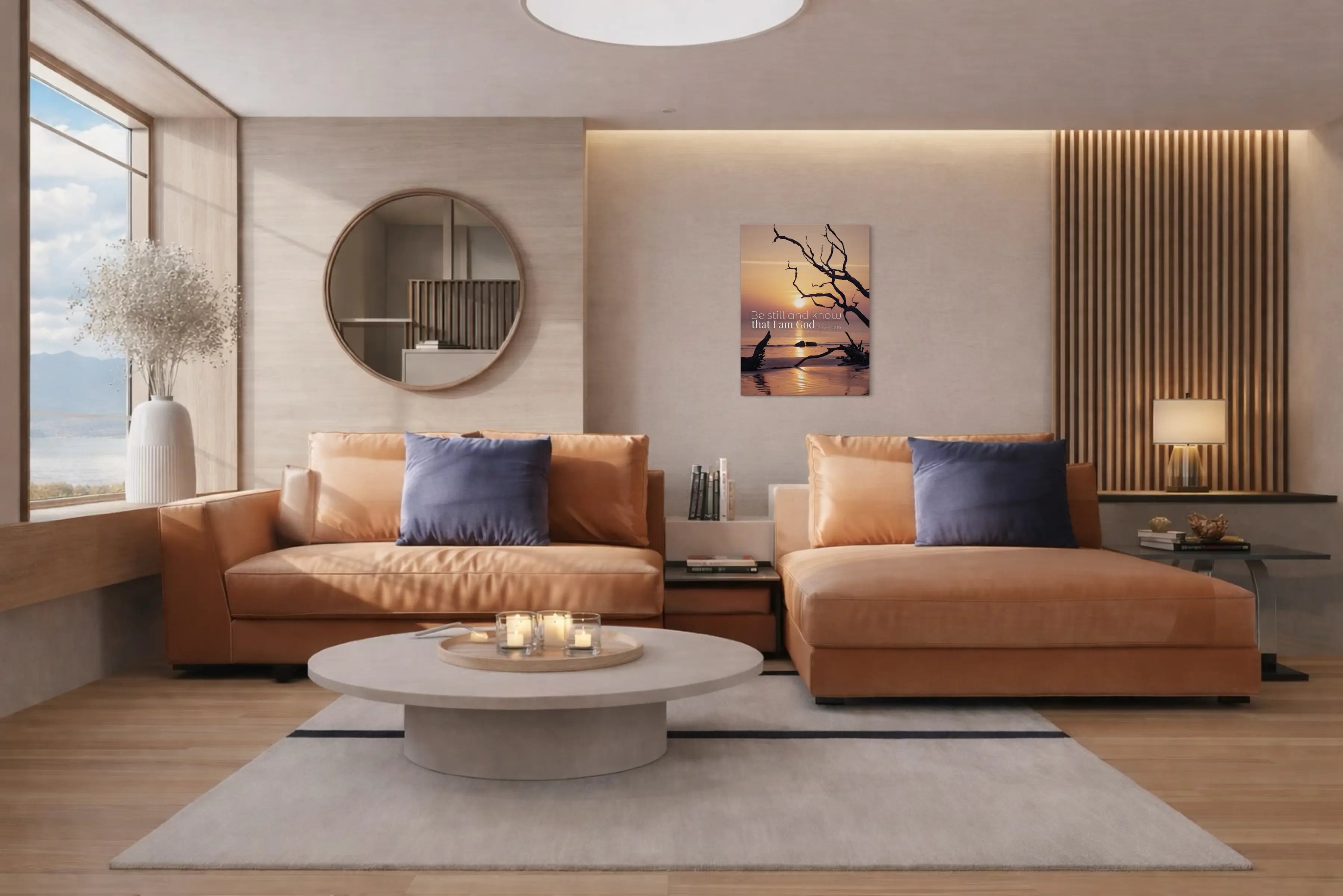 Modern coastal living room with warm neutrals, light wood, and ocean-inspired wall art – 2026 coastal design trend.