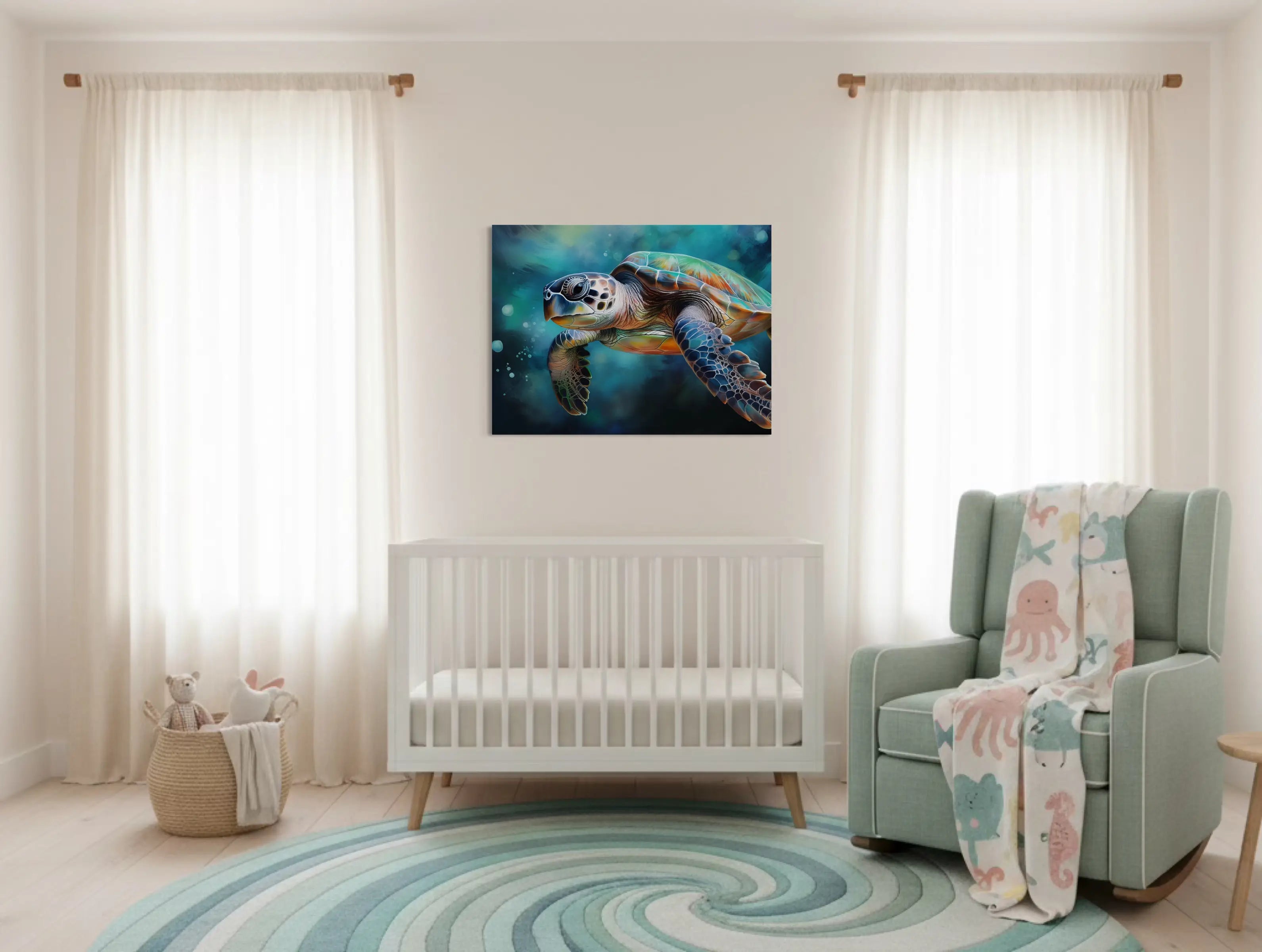 Modern coastal nursery decor with white crib with sea turtle glass art print above, styled in soft ocean-inspired colors.