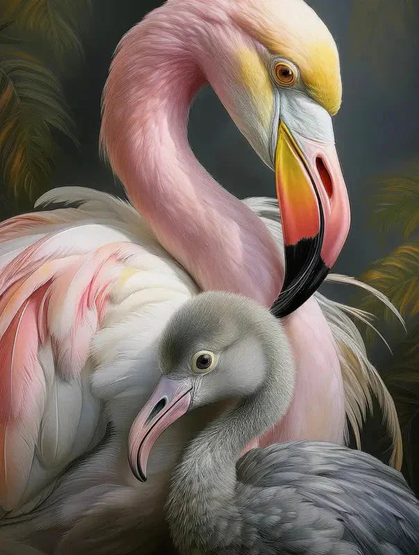 Pink Flamingo mother with her flaminglet coastal glass art print