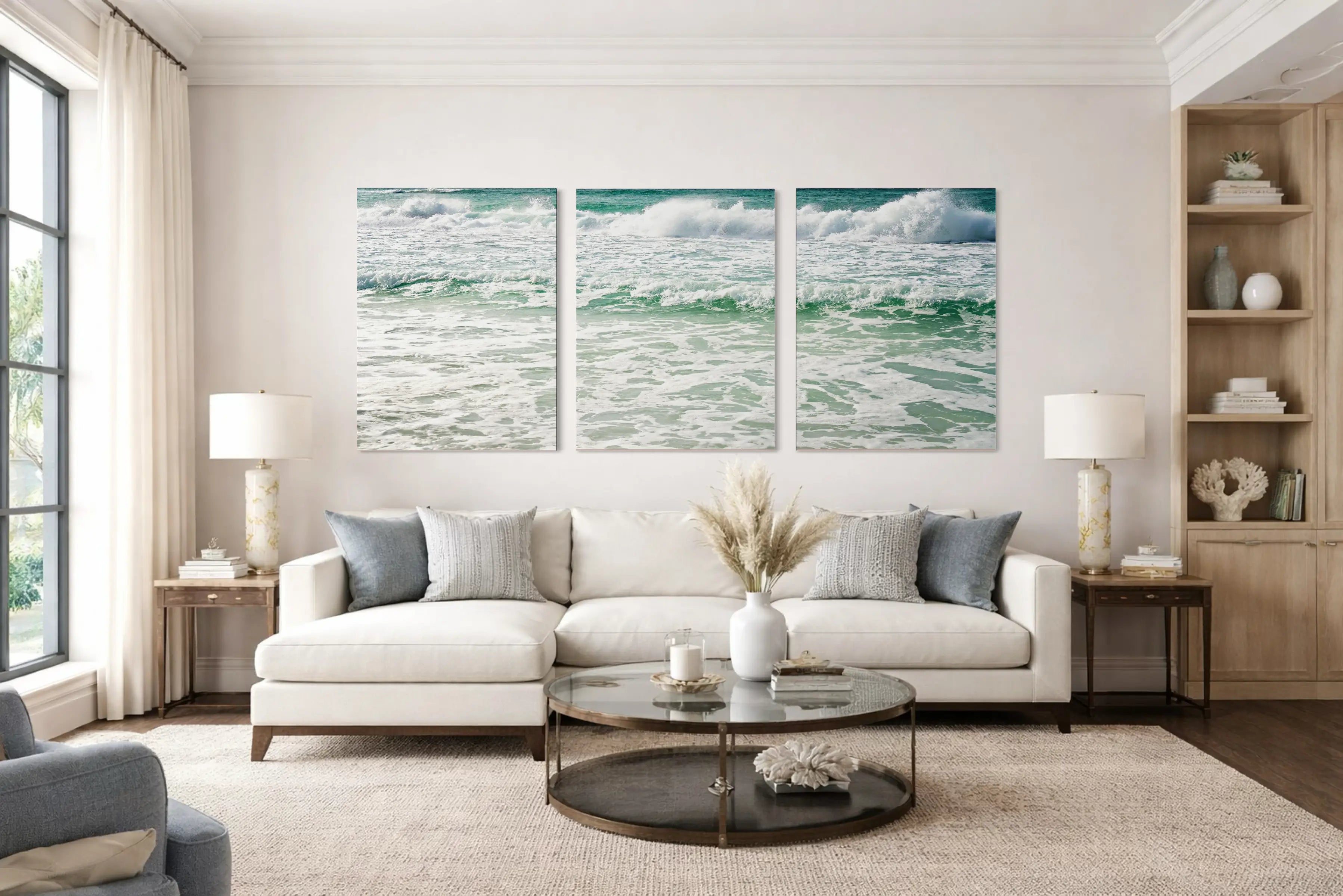 Coastal Luxury living room with symmetrical ocean wave triptych, ivory linen sectional sofa, marble and glass coffee table, sheer drapery, and soft resort-style neutral palette.