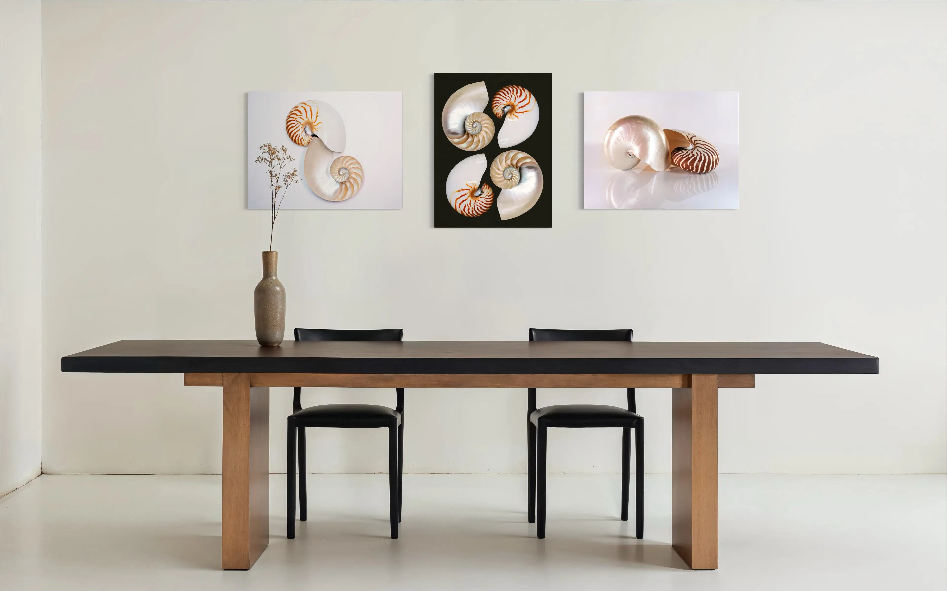 Modern dining room featuring three nautilus ocean prints on glass wall art above a wooden table, styled in a minimalist coastal interior.