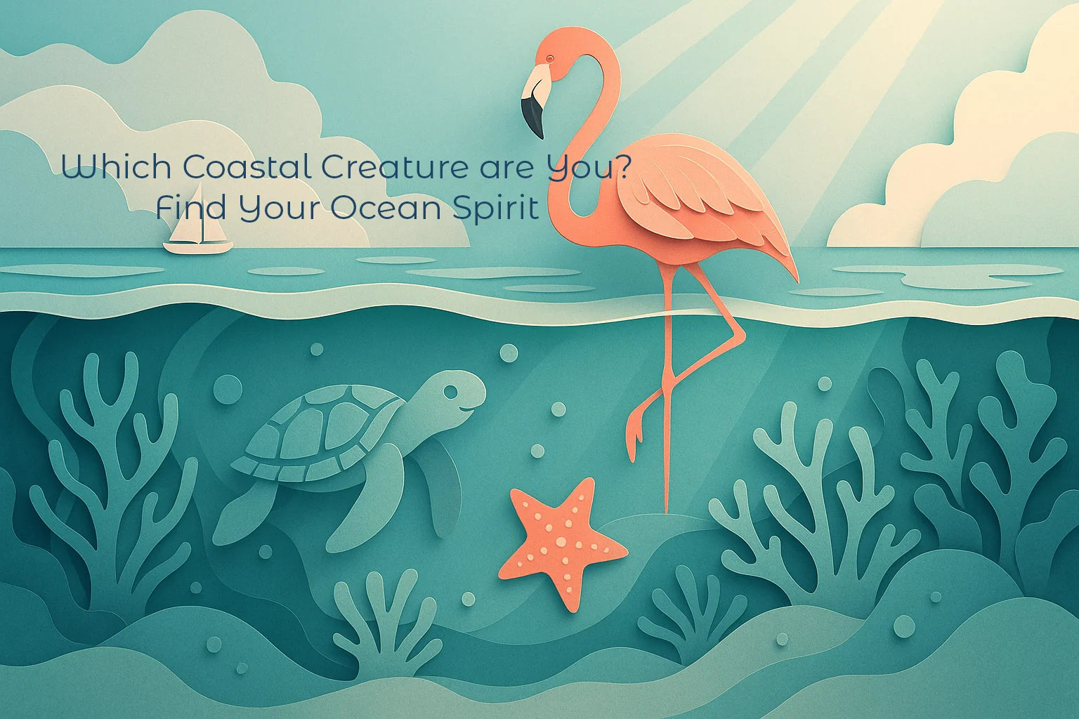An illustration depicting an underwater/above water scene of a flamingo, sea turtle and starfish.