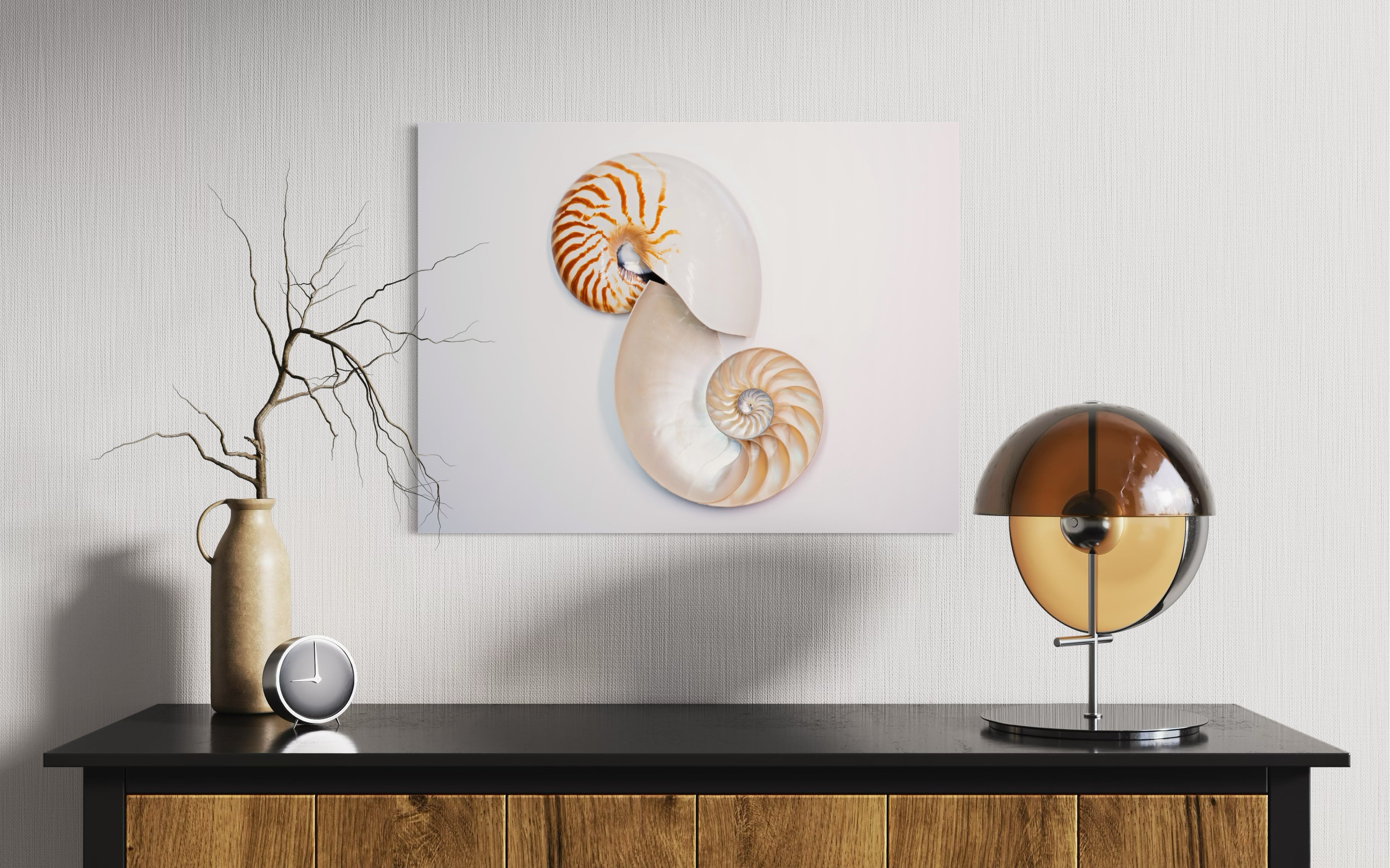 Fibonacci Nautilus Shell Coastal Glass Print by Echoes of the Sea, above a side table