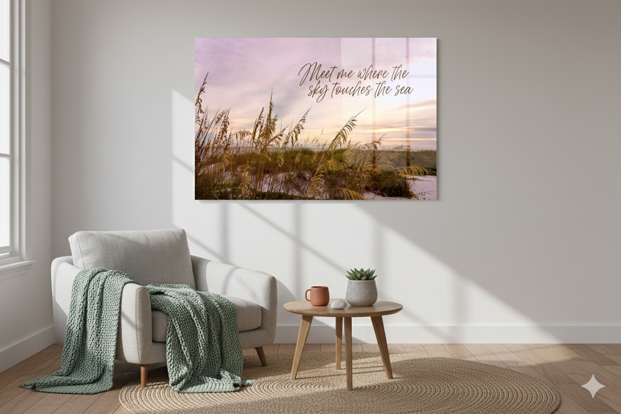 Coastal glass print in a cozy coastal sitting area