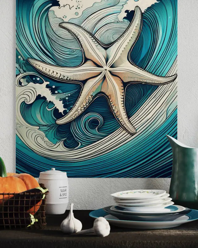 6-legged Starfish in Hokusai style waves of blue and teal coastal glass print -over sideboard
