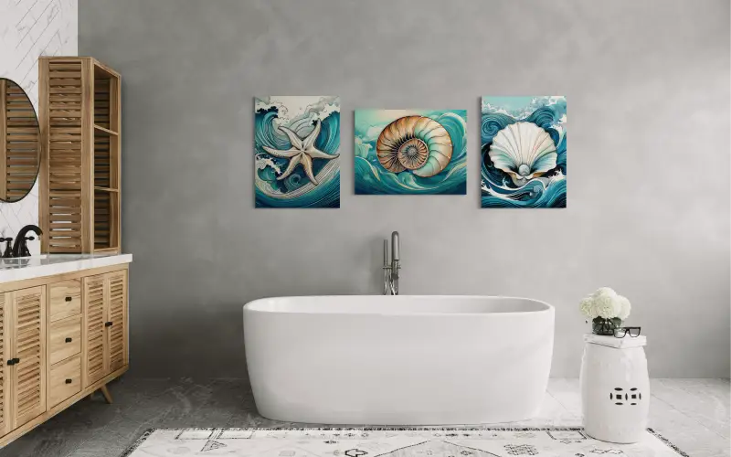 6-legged Starfish in Hokusai style waves of blue and teal coastal glass print -displayed with 2 other Echoes prints.