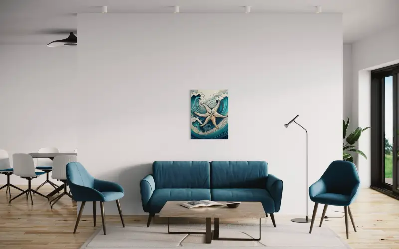 6-legged Starfish in Hokusai style waves of blue and teal coastal glass print, living area decor.