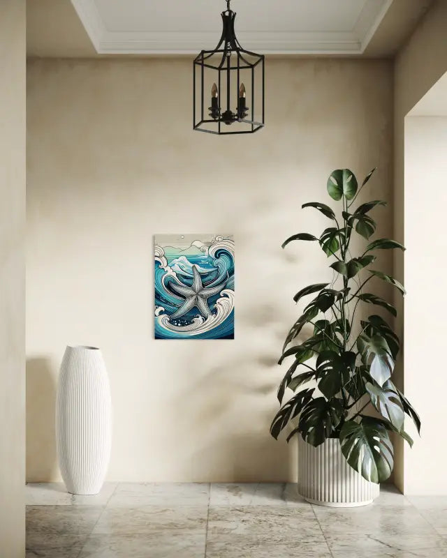 Eco-friendly glass print of a detailed starfish with Ukiyo-e waves from Echoes of the Sea-entry way