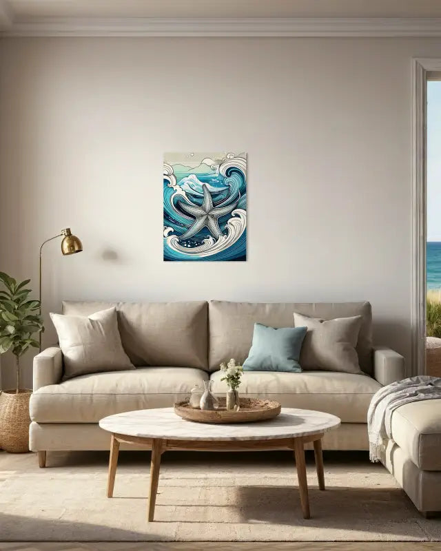 Eco-friendly glass print of a detailed starfish with Ukiyo-e waves from Echoes of the Sea-living room