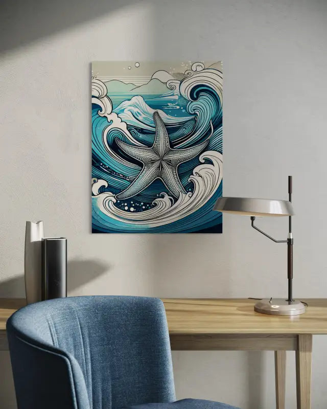 Eco-friendly glass print of a detailed starfish with Ukiyo-e waves from Echoes of the Sea above a desk.