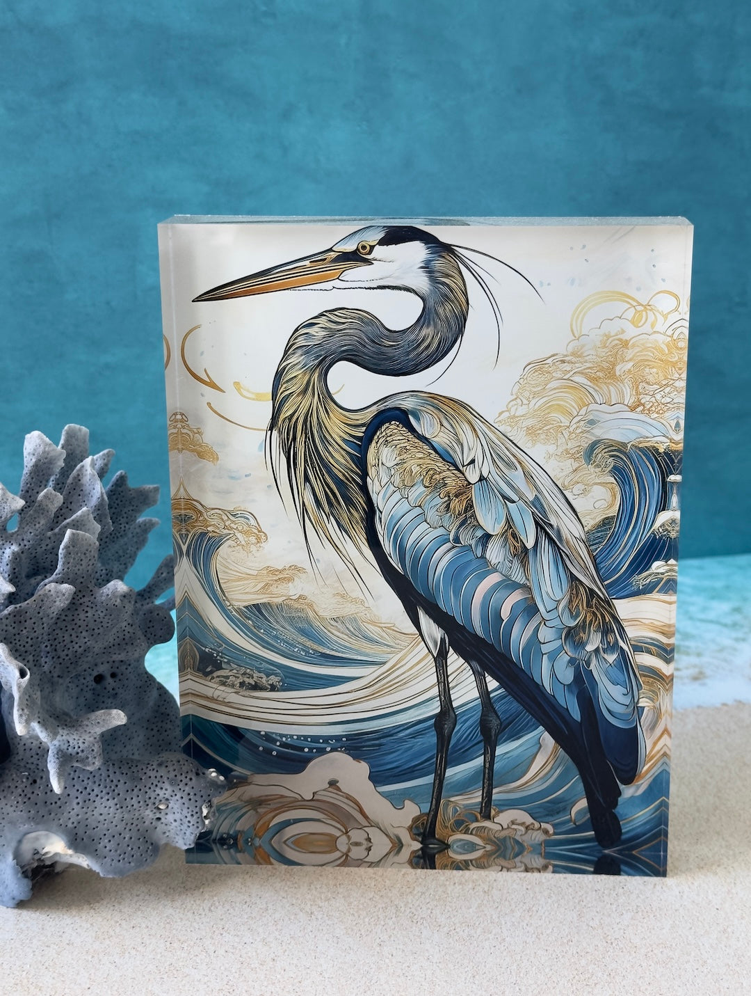 Elegant Blue & Gold Great Heron Coastal Acrylic Block Print from Echoes of the Sea, showcasing intricate heron details with a 3D effect