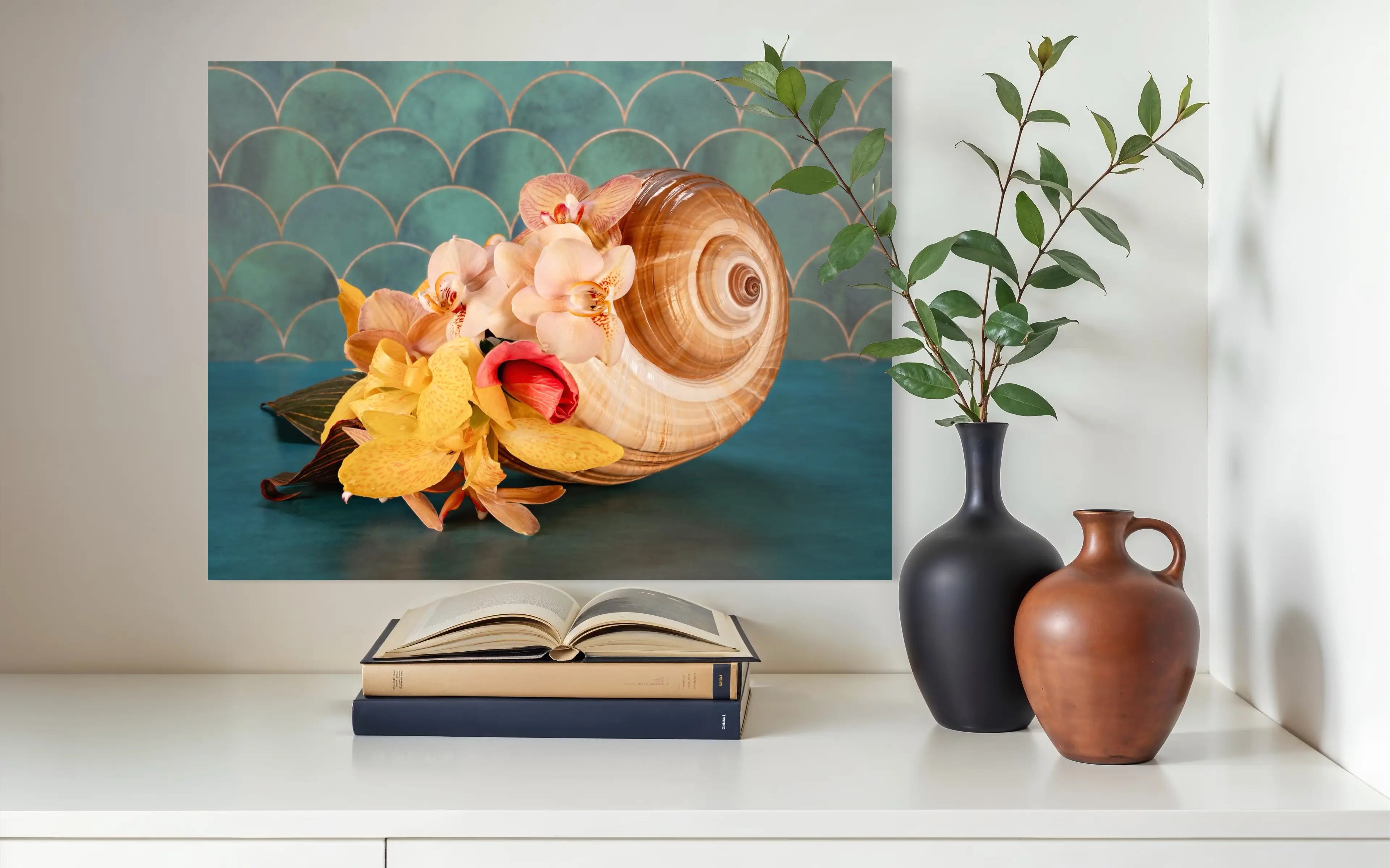 Eco-friendly glass print with giant tun shell and tropical flowers like orchids and hibiscus, ideal for coastal niche decor.