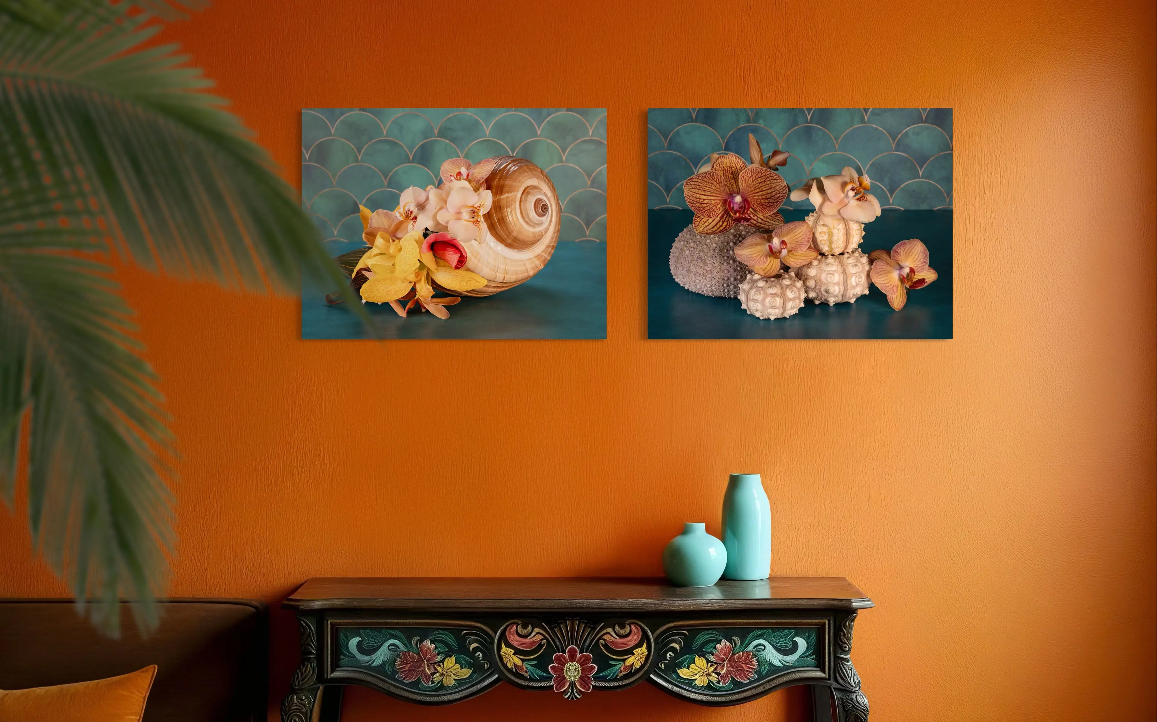 Eco-friendly glass print with giant tun shell and tropical flowers like orchids and hibiscus, ideal for colorful home decor. Shown with another print