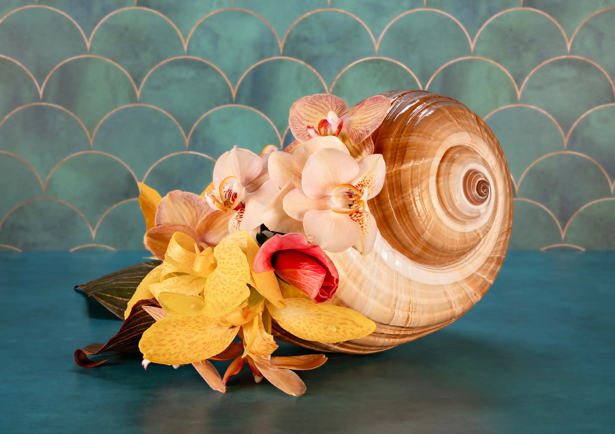 Eco-friendly glass print with giant tun shell and tropical flowers like orchids and hibiscus, ideal for coastal home decor.