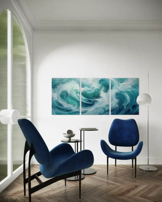 Abstract ocean wave triptych glass wall art in a modern coastal living room sitting area