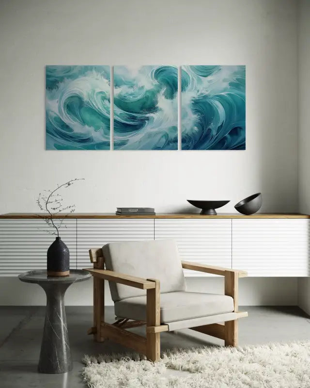 Abstract Triptych Ocean Wave Coastal Glass Print by Echoes of the Sea-modern living room_coastal living room
