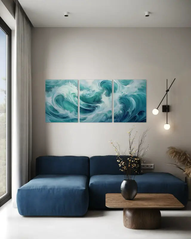 Abstract ocean wave triptych glass wall art in a modern coastal living room sitting area with a navy sofa