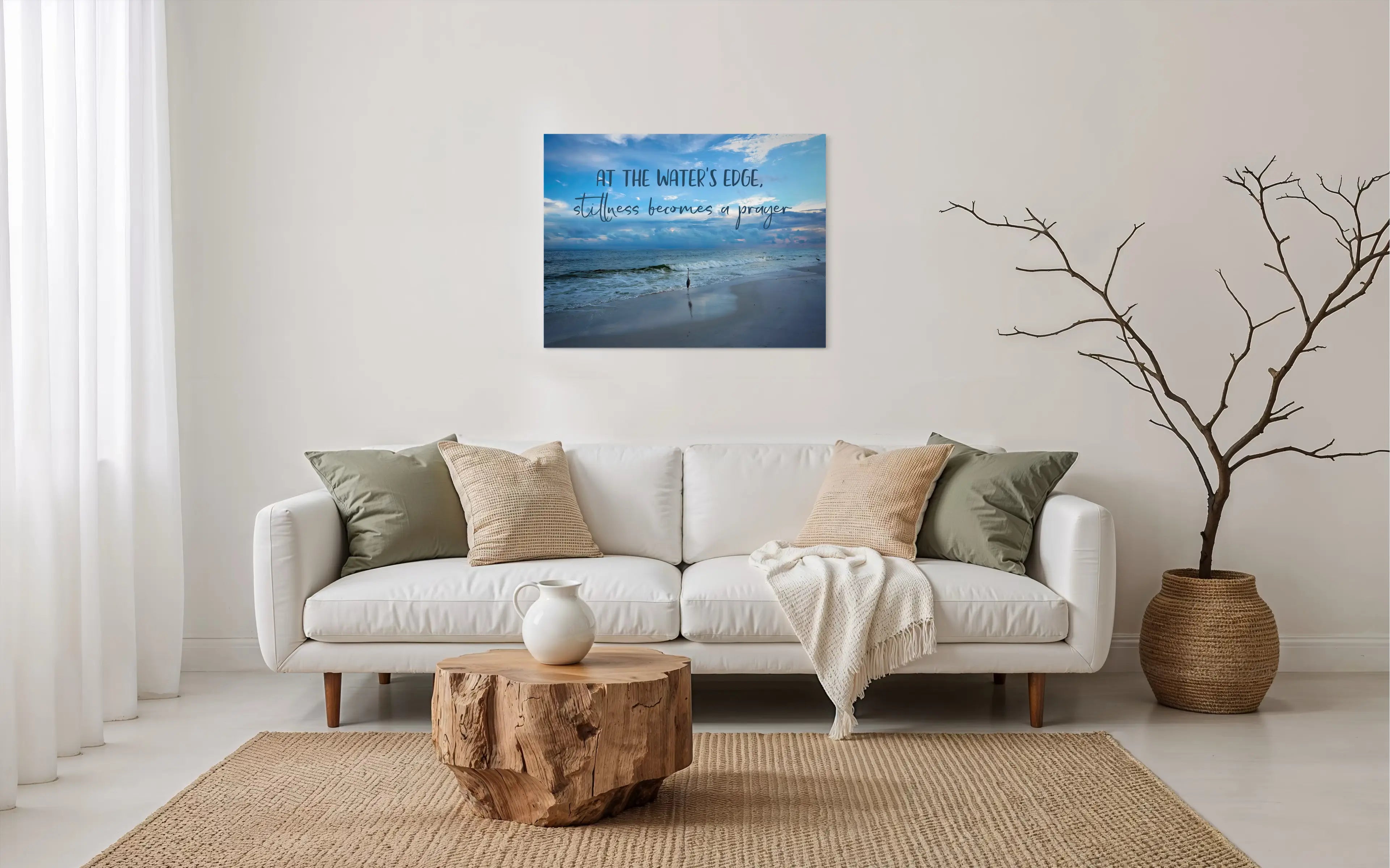 At the water’s edge, stillness becomes a prayer" heron coastal glass wall art print — inspirational ocean quote décor for coastal living room