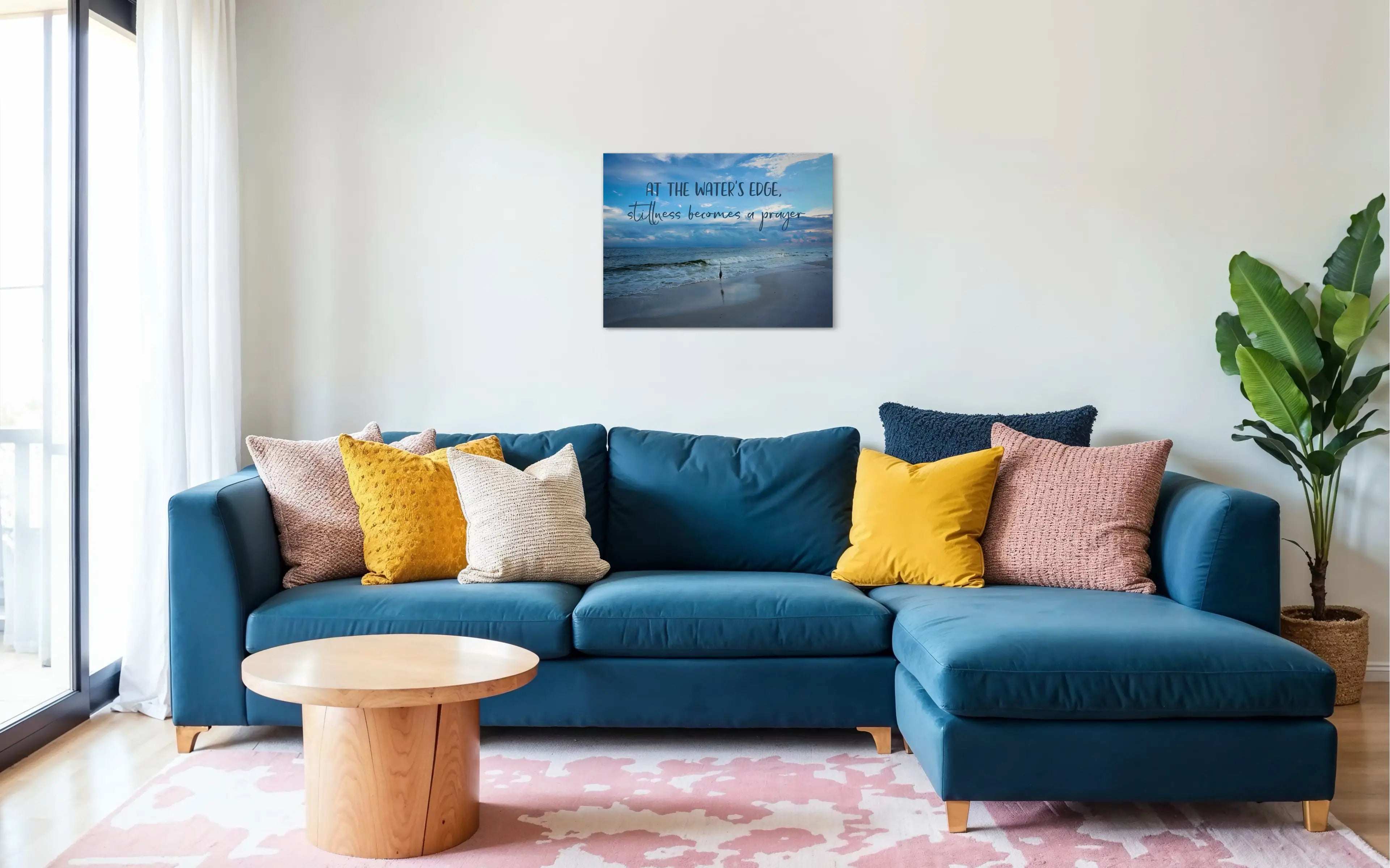 At the water’s edge, stillness becomes a prayer" heron coastal glass wall art print — inspirational ocean quote décor for beach home living room