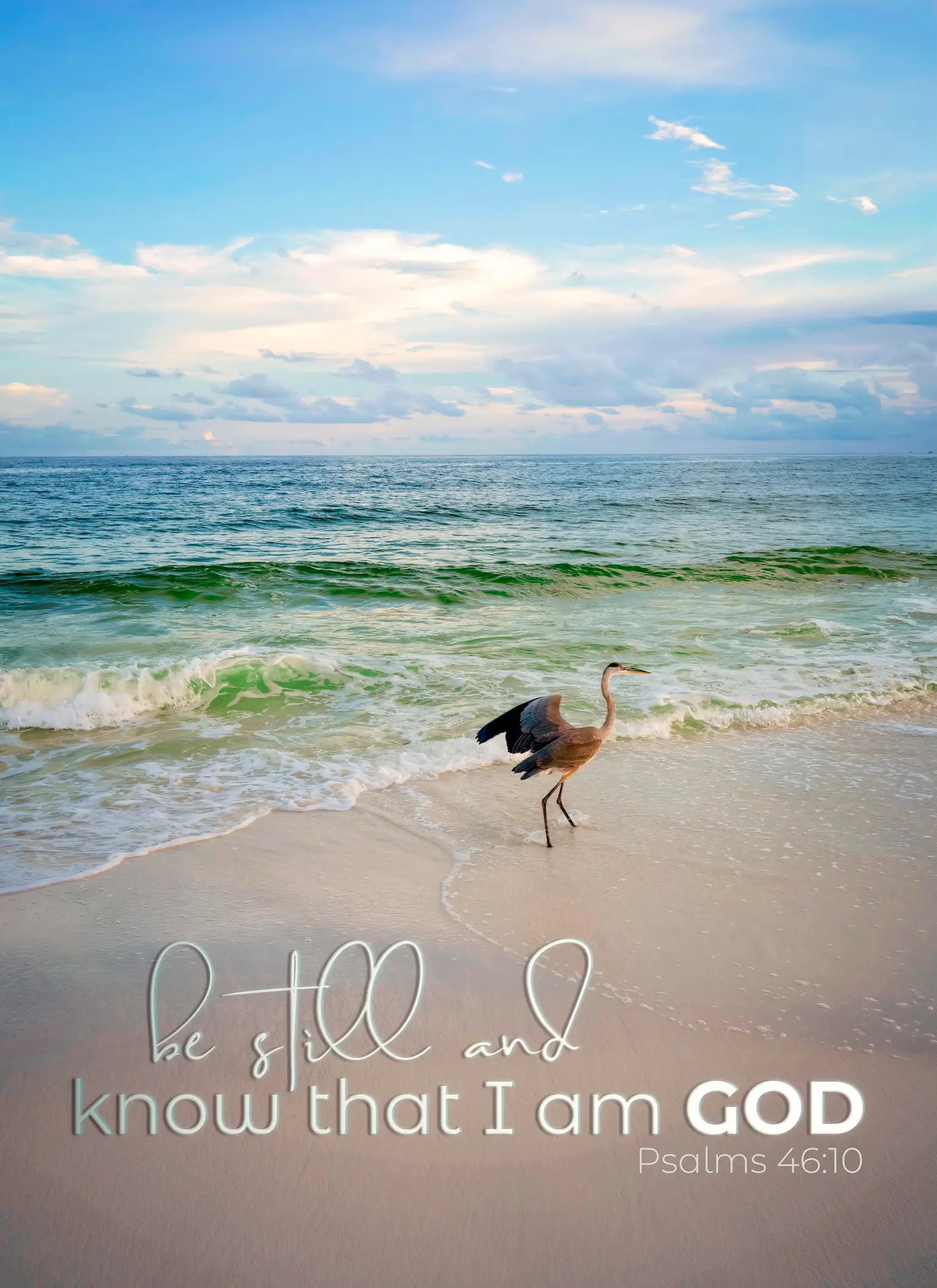 Inspirational heron coastal glass print with Psalm 46:10 scripture, Christian wall art for peaceful coastal home décor.