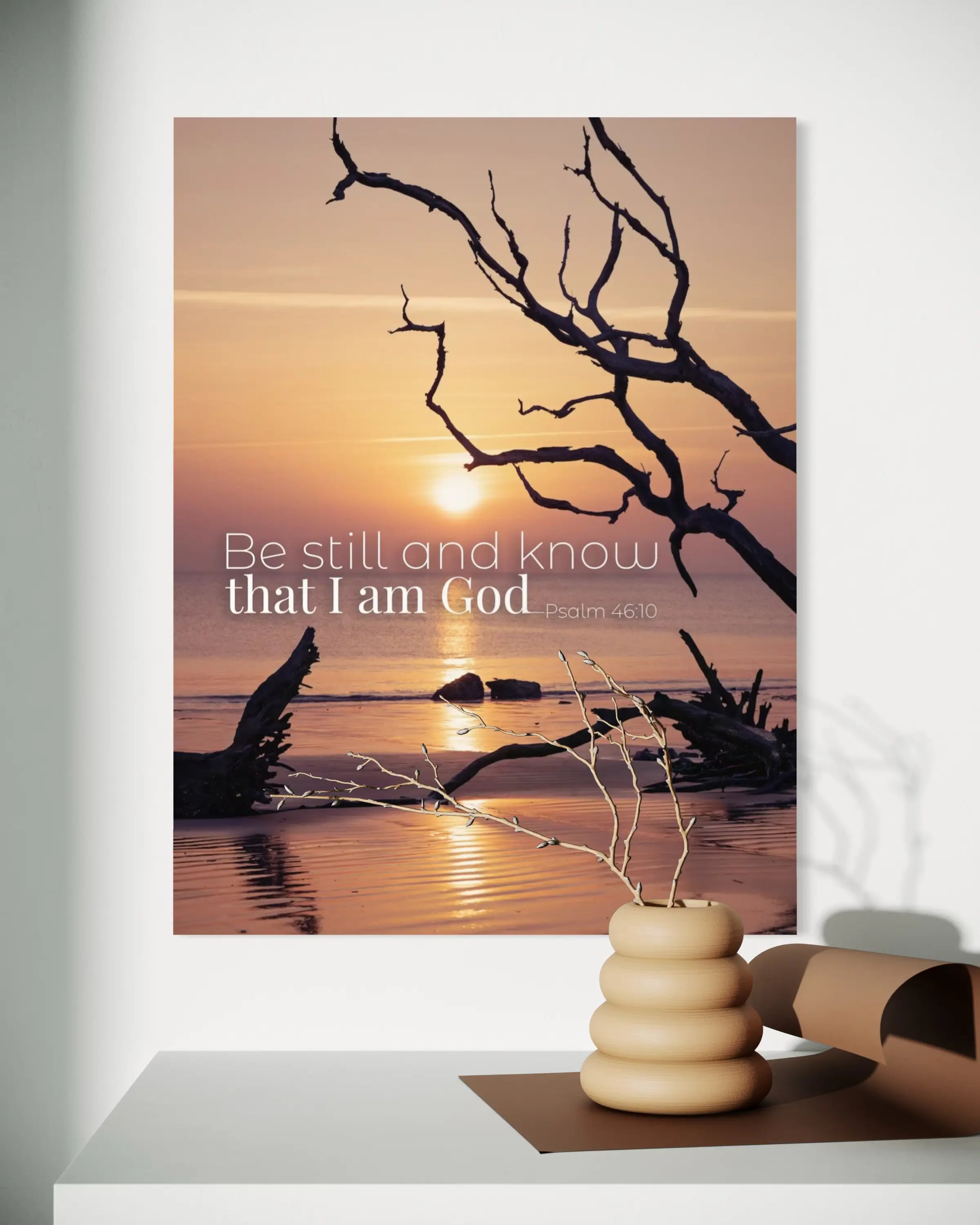 Be Still and Know Psalm 46:10 Christian Coastal Glass Wall Art – Inspirational Scripture Beach Sunset Print, above shelf