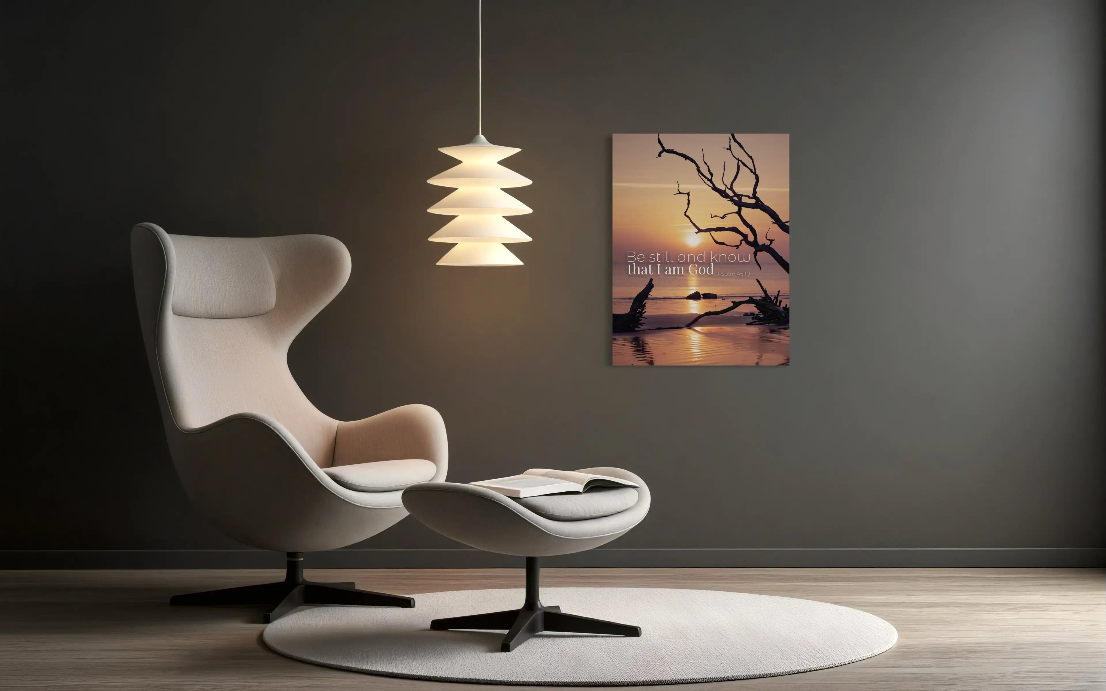 Be Still and Know Psalm 46:10 Christian Coastal Glass Wall Art – Inspirational Scripture Beach Sunset Print, sitting area