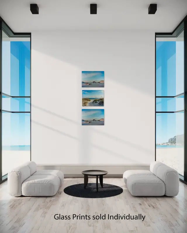 Sandy white dunes with sea oats and driftwood, coastal glass print for beach gallery wall decor.