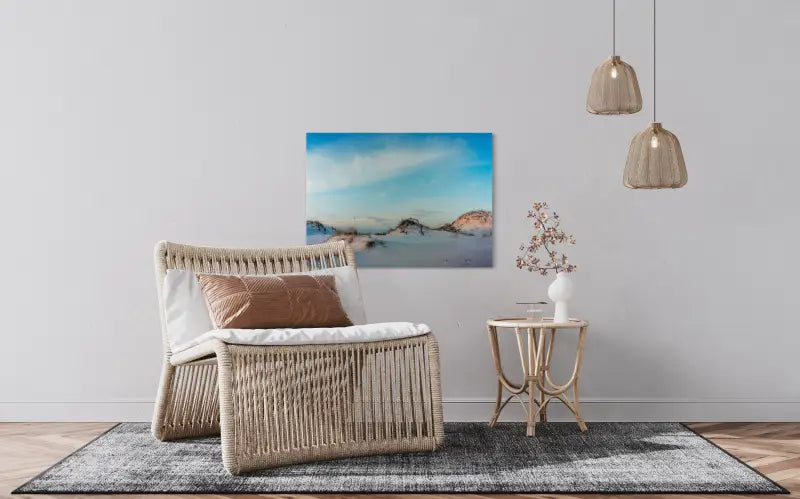 Sandy white dunes with sea oats and driftwood, coastal glass print for beach wall decor.