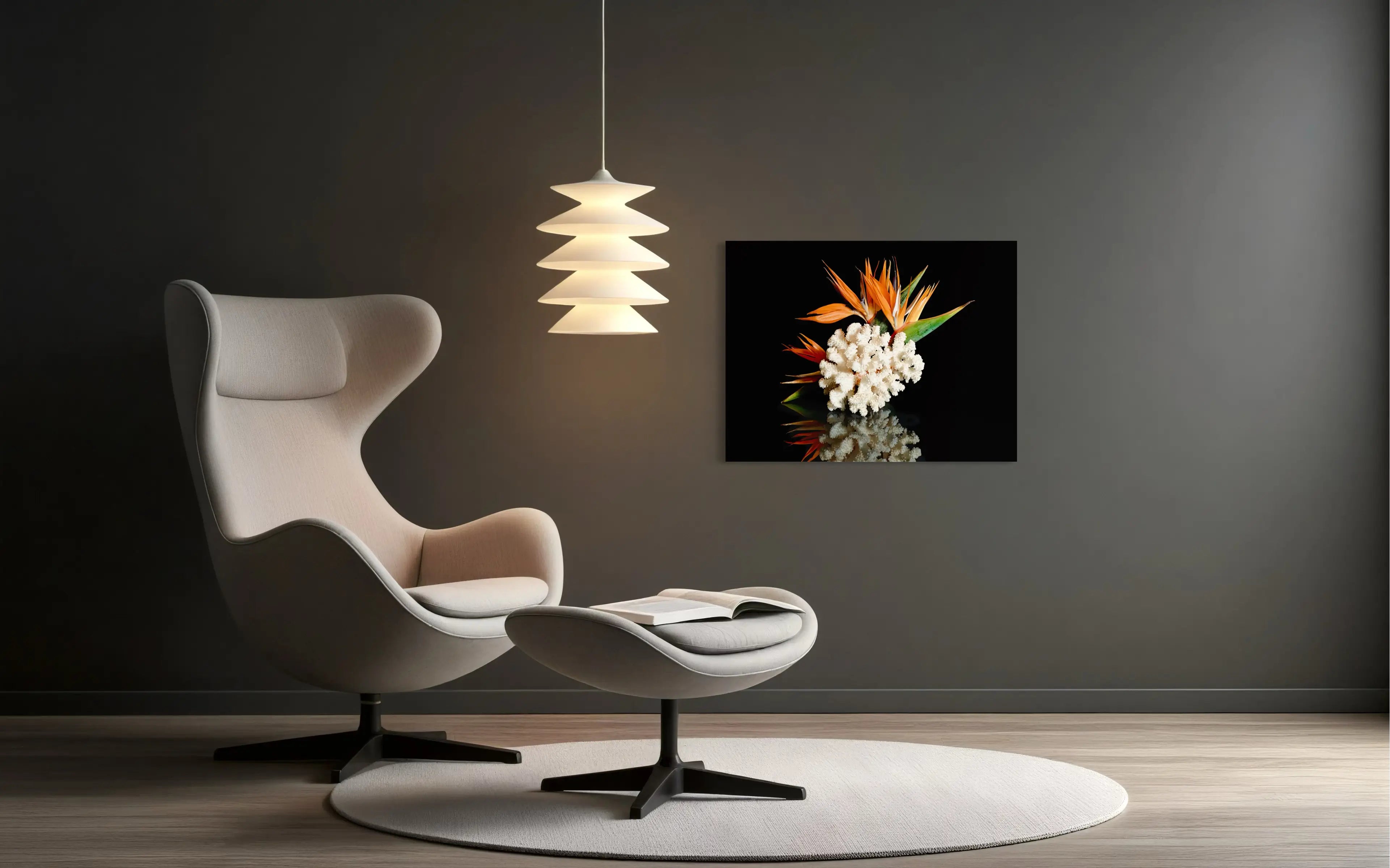 Bird of paradise and coral on reflective glass, coastal wall art for modern decor