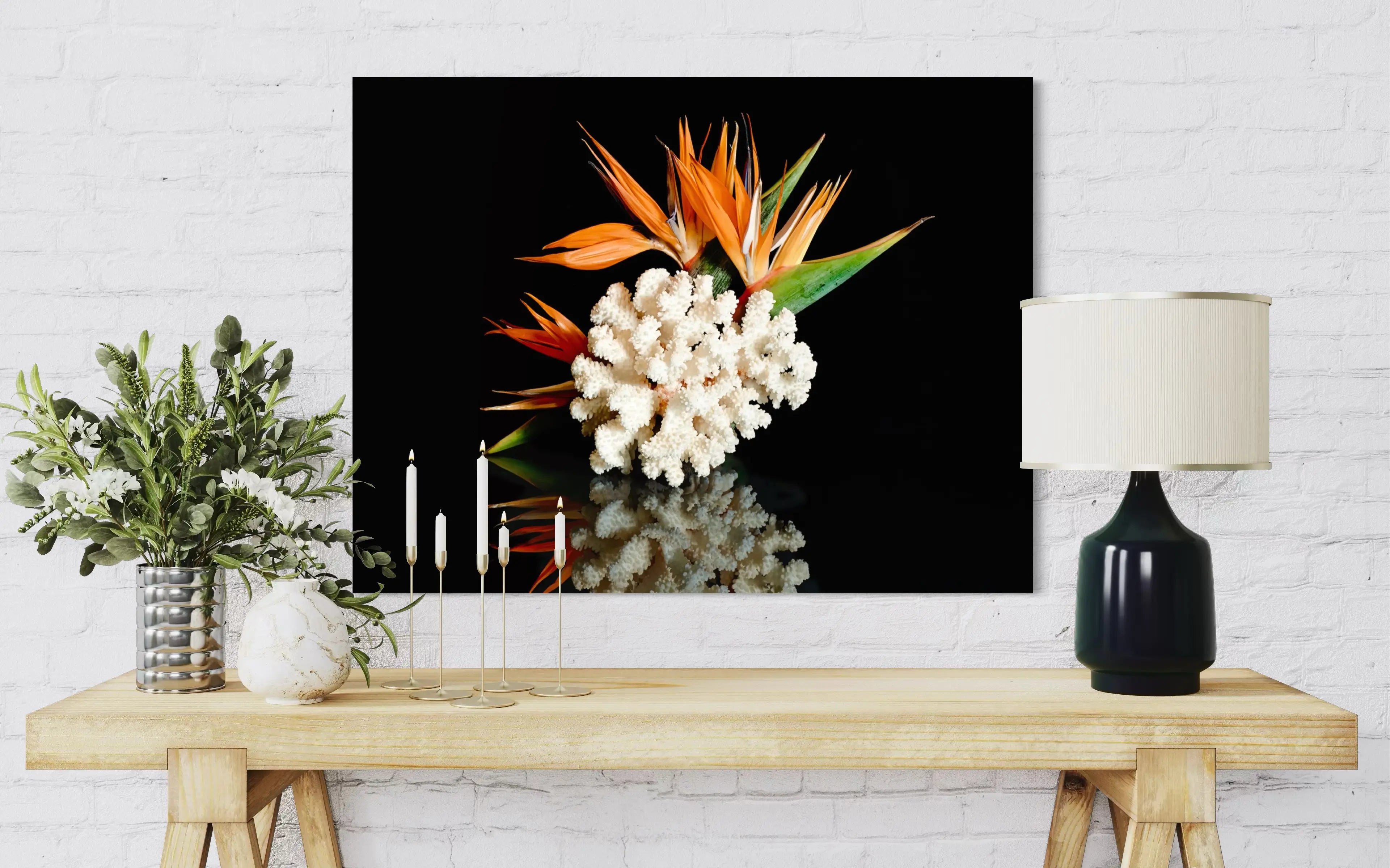 Bird of paradise and coral on reflective glass, coastal wall art for coastal decor