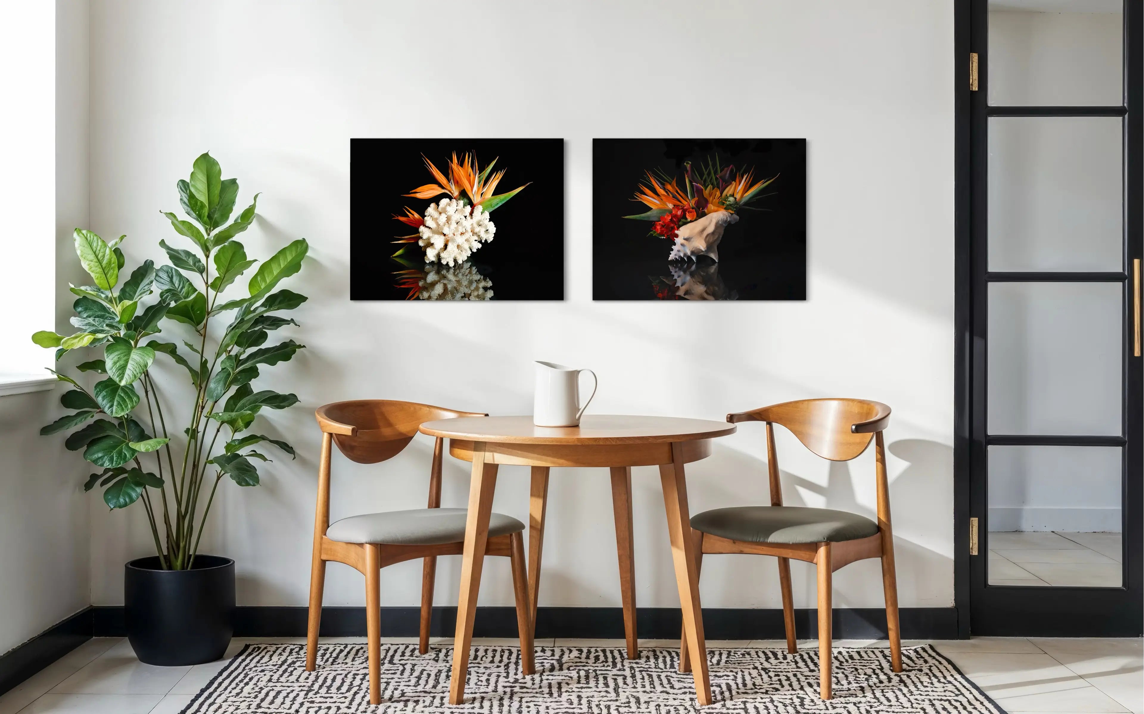 Bird of paradise and coral on reflective glass, coastal wall art with a matching Echoes print.