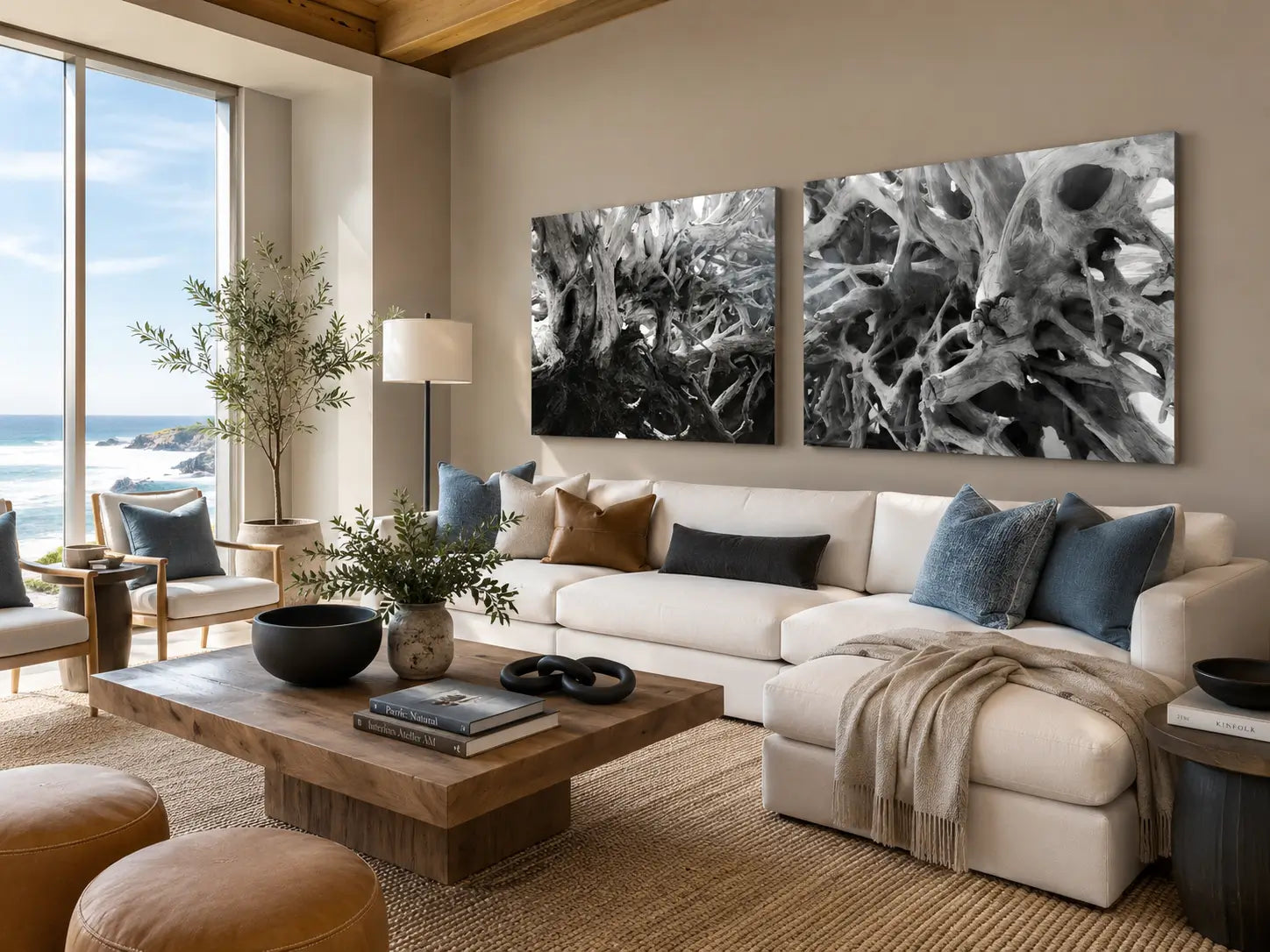 driftwood glass prints displayed side by side above a cream sectional sofa.
