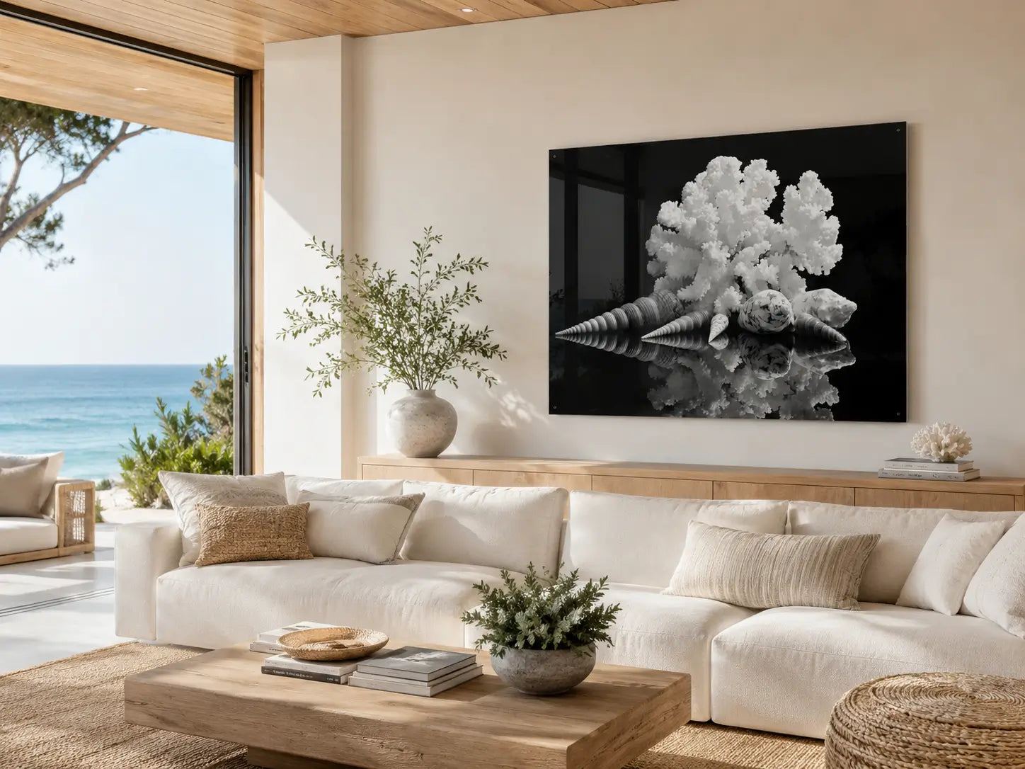 Bright modern coastal living room with ocean views and a large black-and-white seashell and coral glass print displayed above a light wood console.