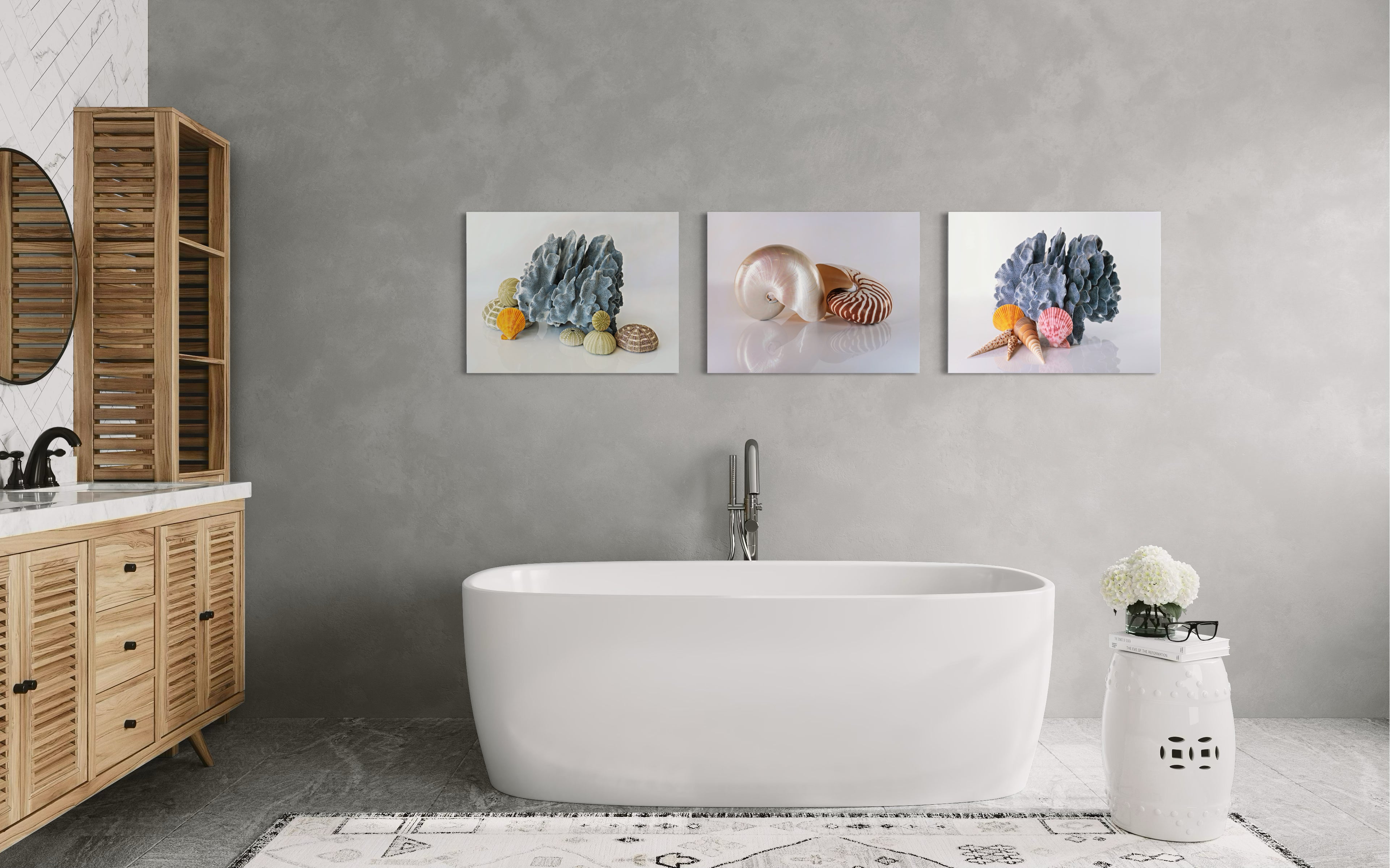 Blue Coral and Sea Urchins Coastal Glass Print by Echoes of the Sea, 3 Echoes seashell prints