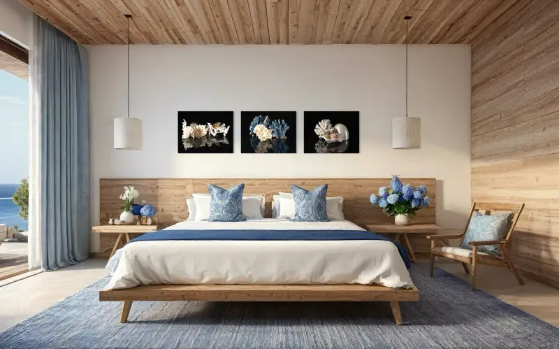 Blue Coral & Seashell Glass Print with Poca coral and colorful shells for coastal bedroom decor.