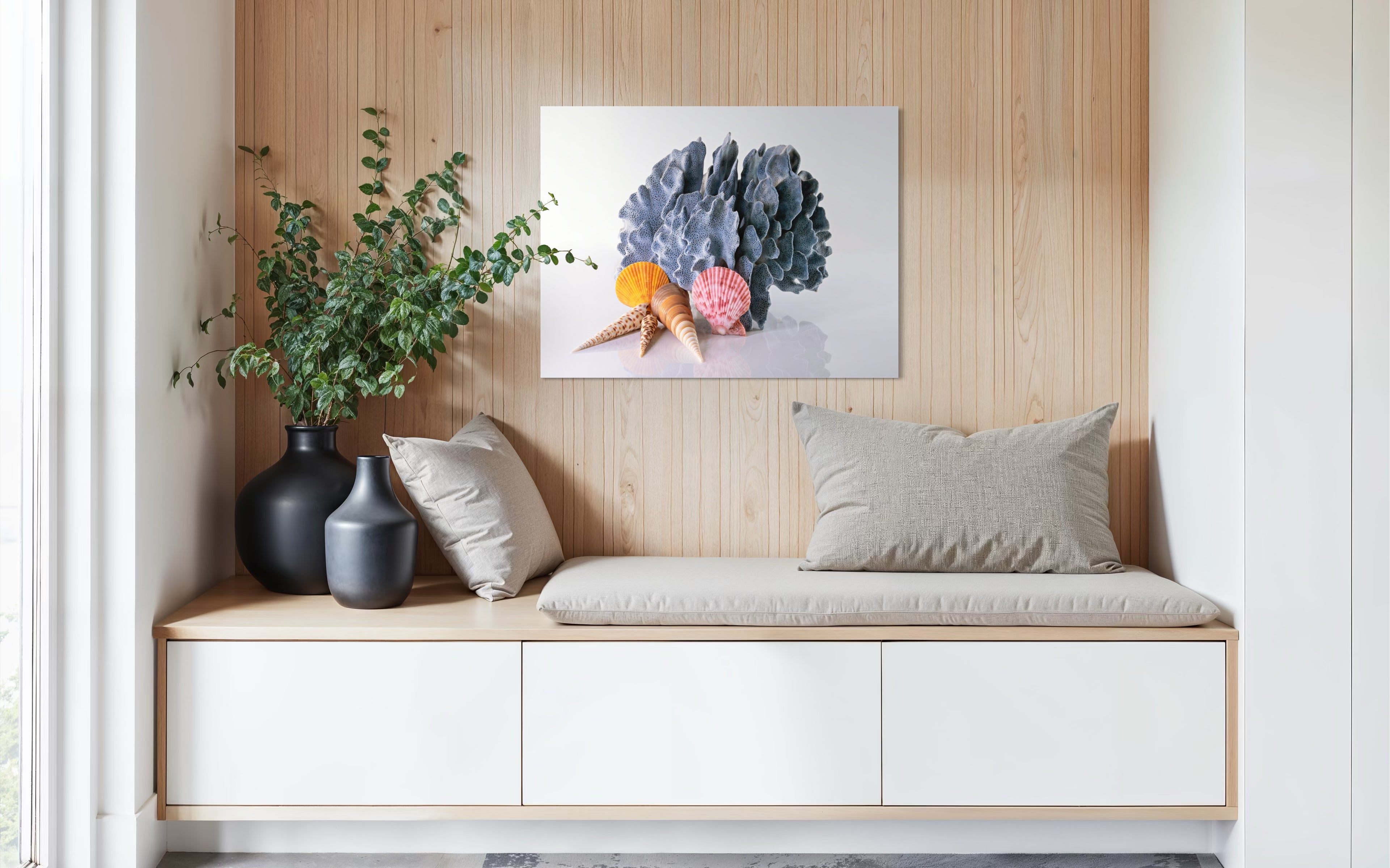 Blue coral and seashells coastal glass print by Echoes of the Sea, ocean wall art