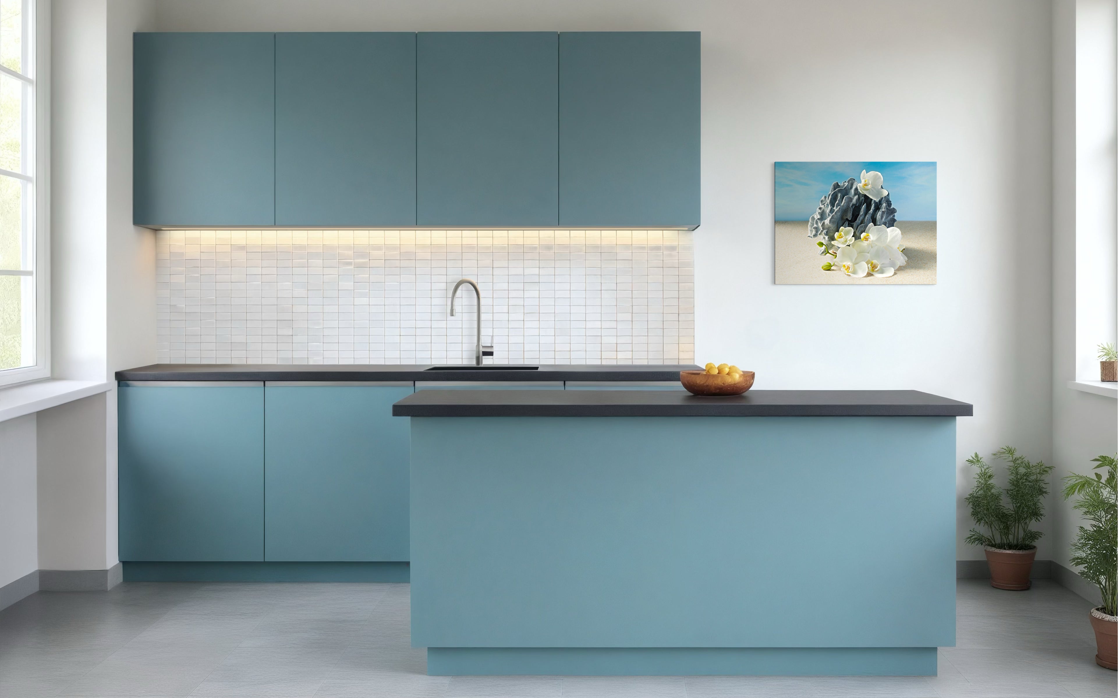 Serene glass print with blue coral and white orchids on a sandy beach-kitchen decor