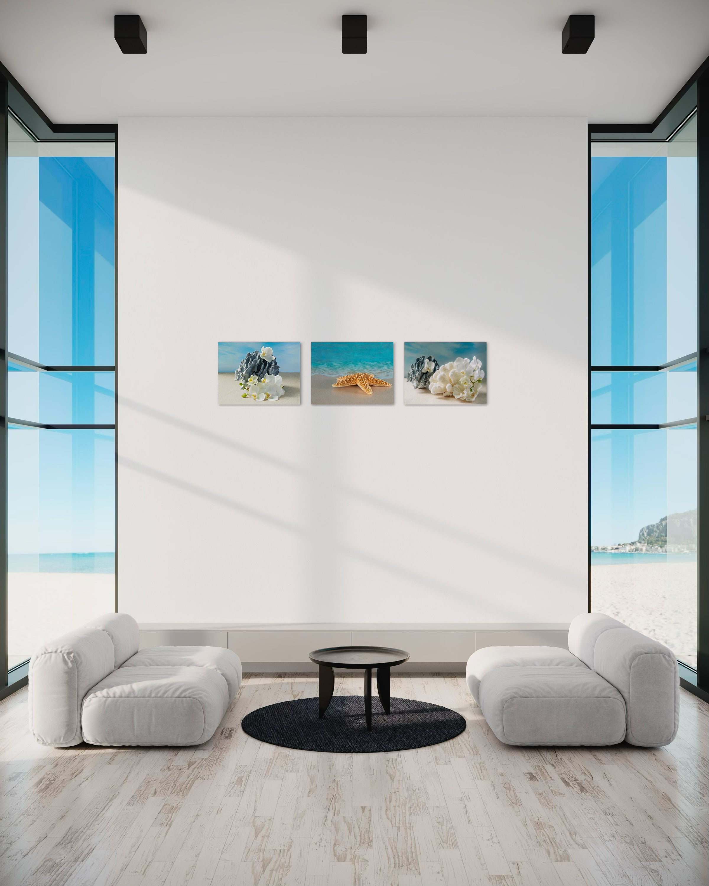 Serene glass print with blue coral and white orchids on a sandy beach-coastal home gallery
