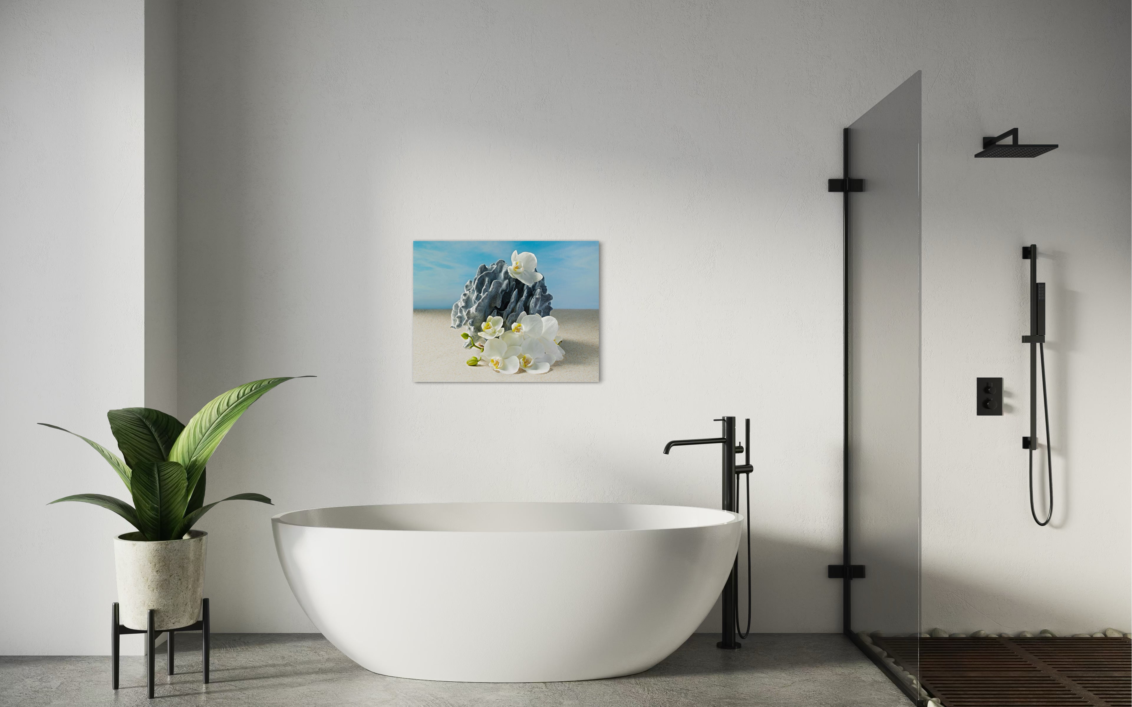 Serene glass print with blue coral and white orchids on a sandy beach-bathroom wall decor