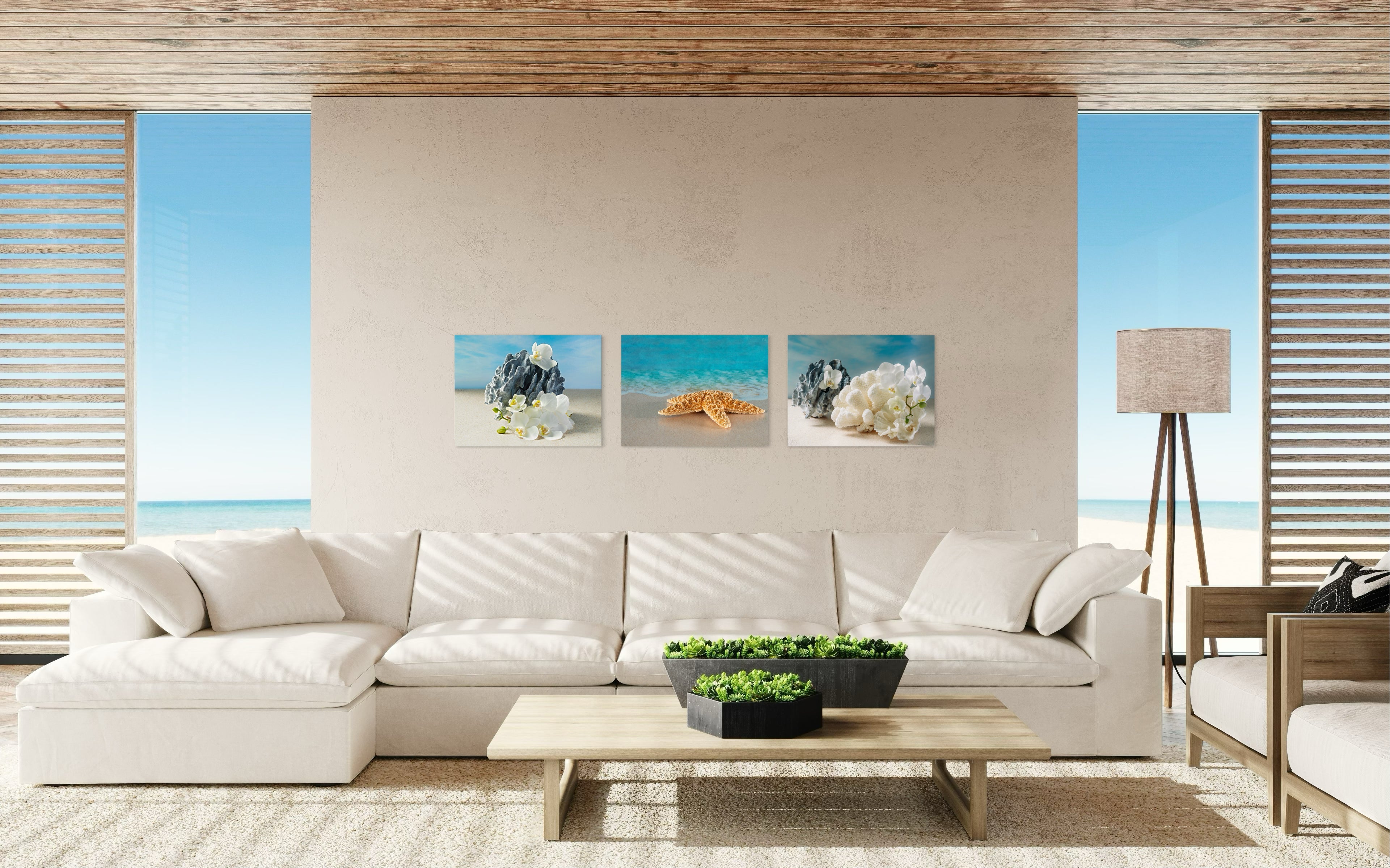 Serene glass print with blue coral and white orchids on a sandy beach-living room wall gallery