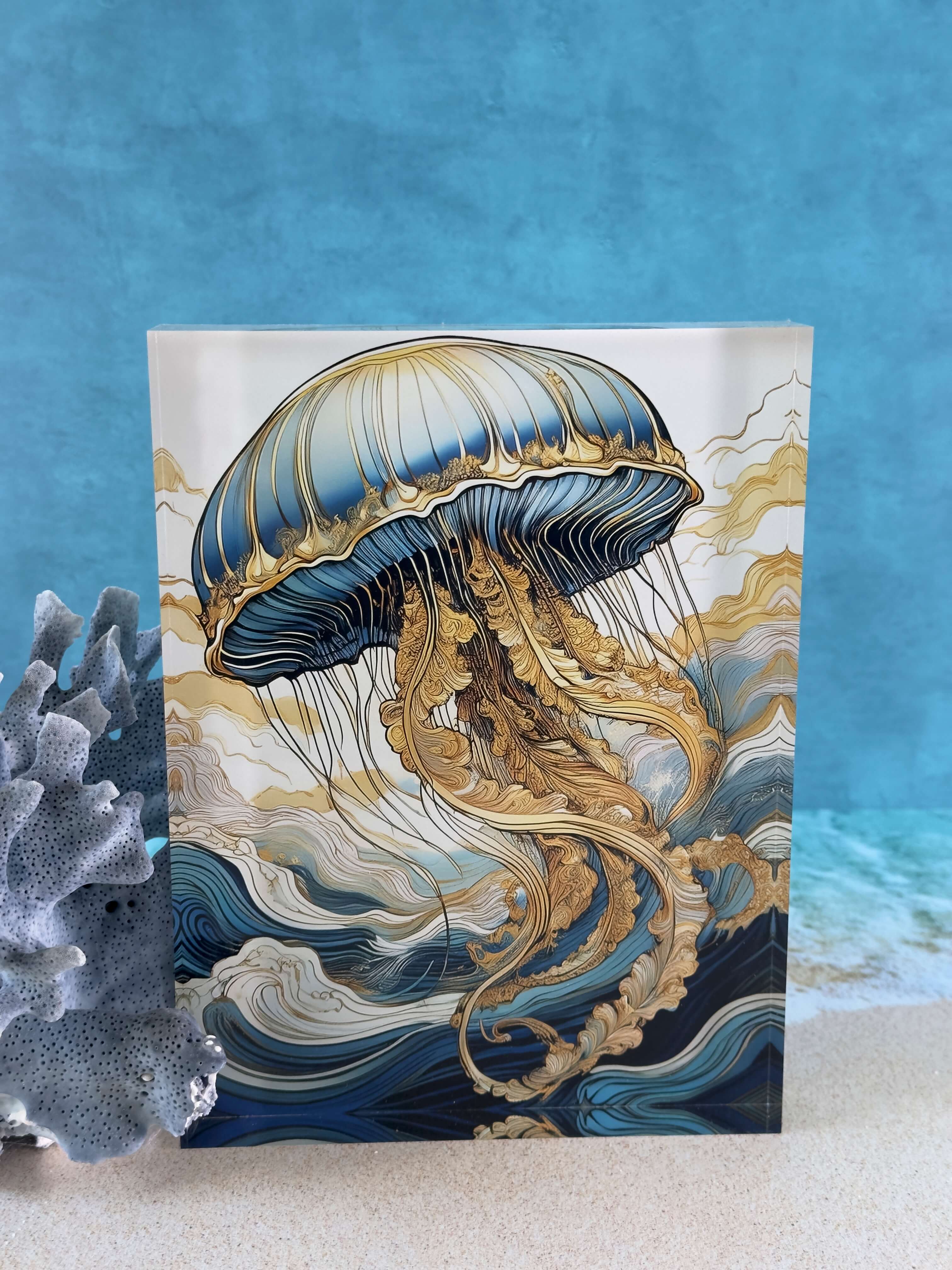3D acrylic block print of a blue jellyfish with gold accents for coastal decor