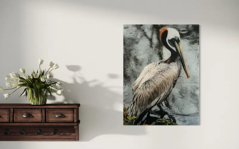Brown pelican by rainy day water, coastal wall art print-beside shelf.