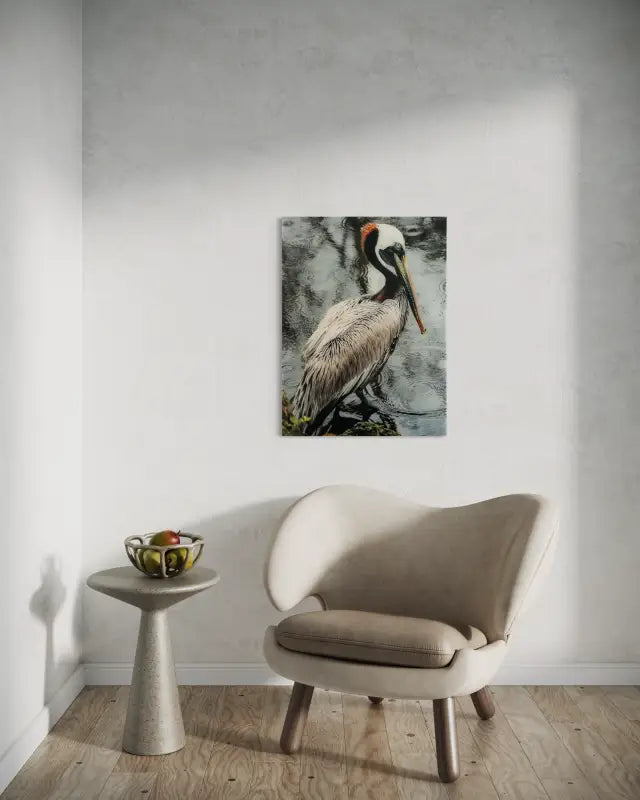 Brown pelican by rainy day water, coastal wall art print-sitting area.