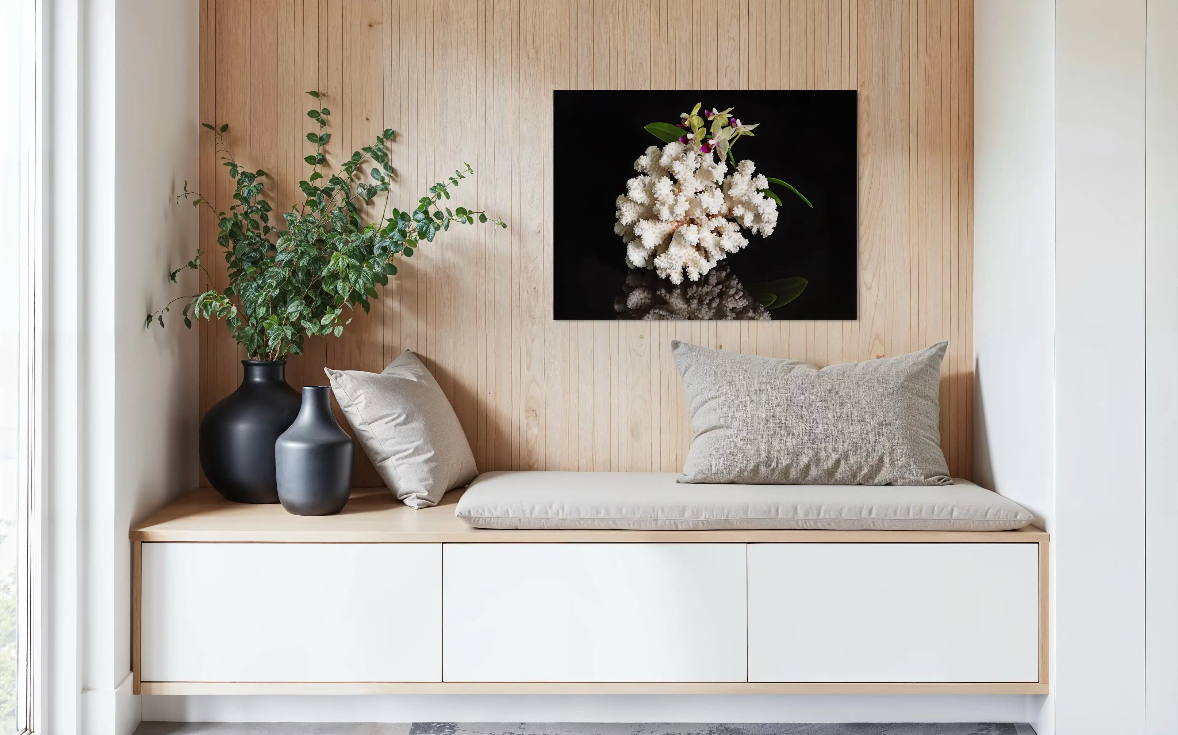 Brown Stem Coral & Orchids Coastal Glass Print with white coral and colorful orchids, coastal decor