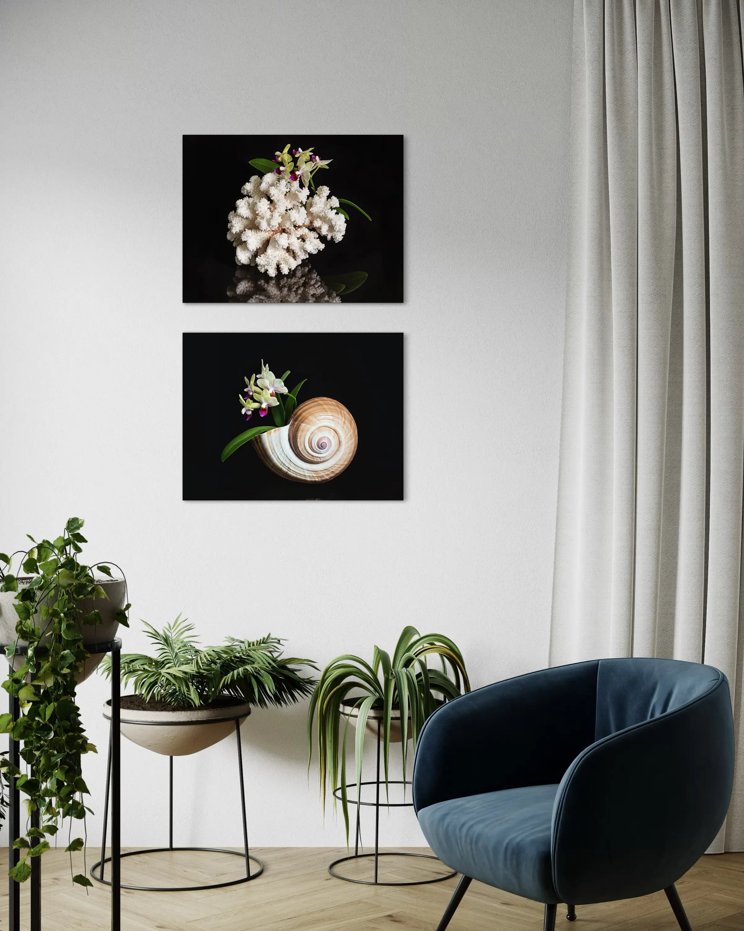 Brown Stem Coral & Orchids Coastal Glass Print with white coral and colorful orchids with another Echoes of the Sea print.