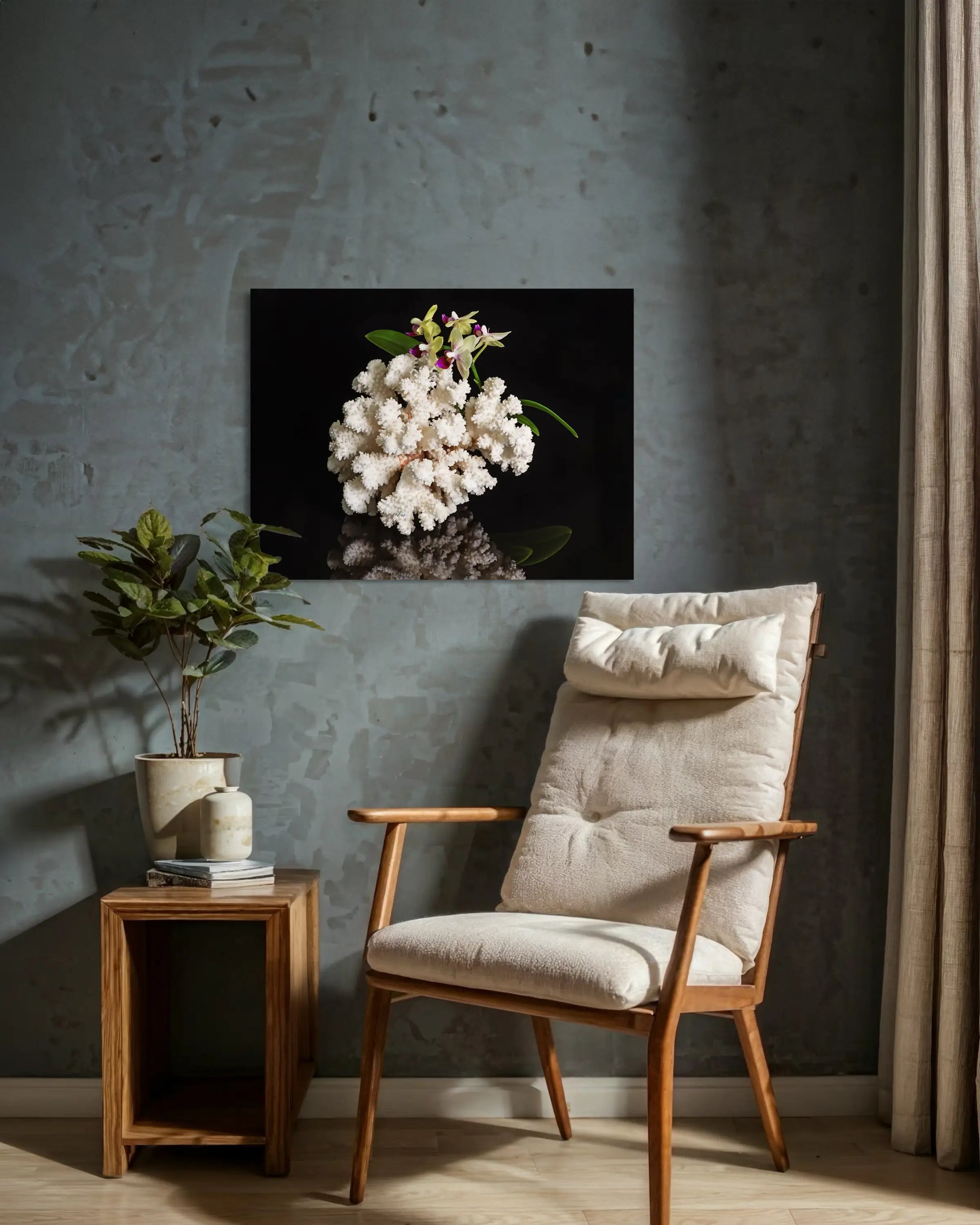 Brown Stem Coral & Orchids Coastal Glass Print with white coral and colorful orchids, cozy sitting area