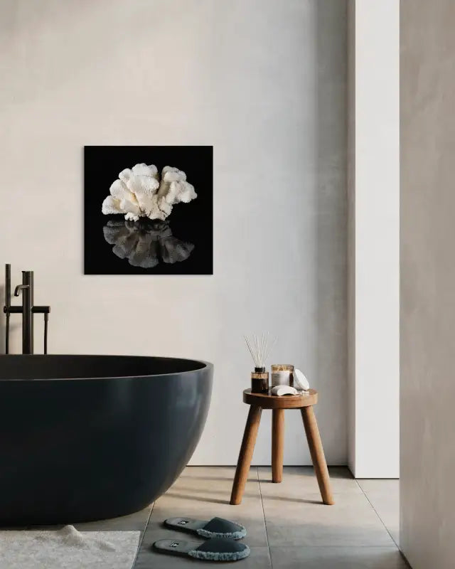 Cauliflower coral on black reflective glass, Echoes art-wall decor for bathroom.