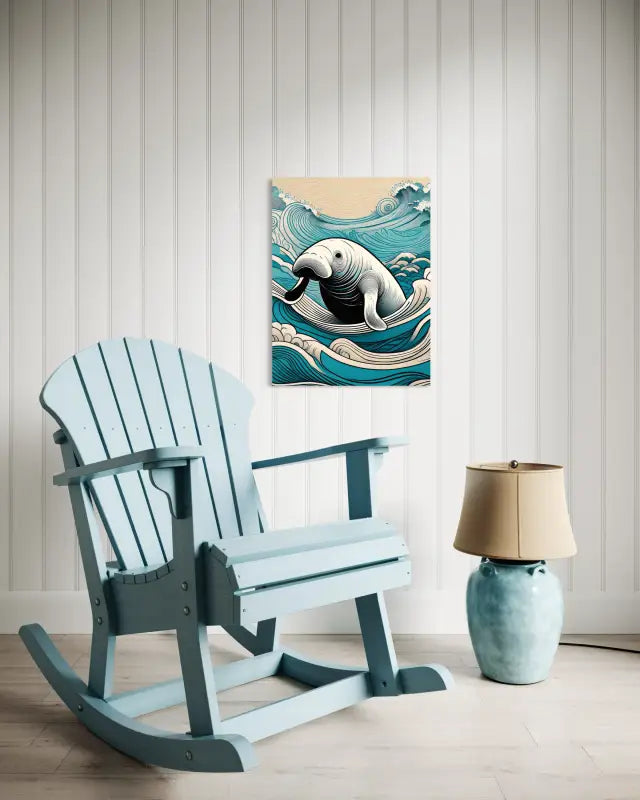 Eco-friendly glass print of a manatee swimming through Ukiyo-e waves from Echoes of the Sea-seating area