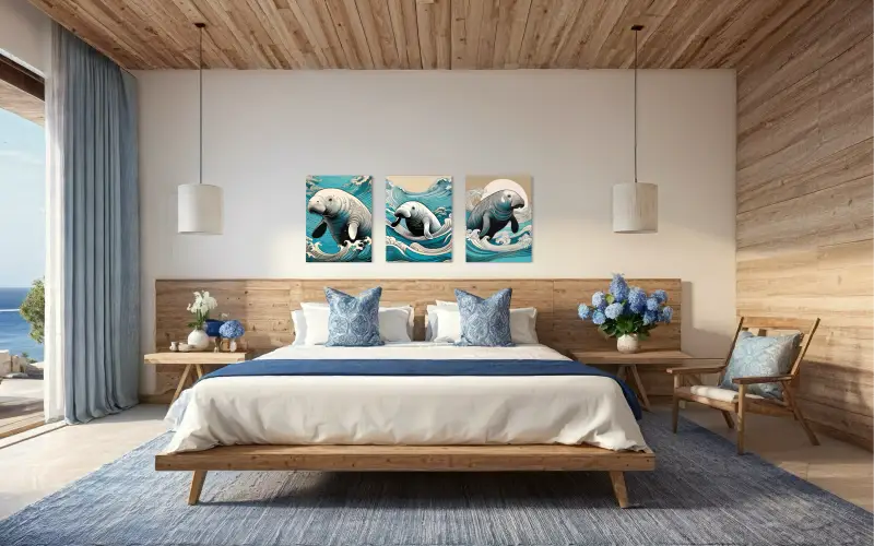 A glass print of a manatee swimming through Ukiyo-e waves from Echoes of the Sea-coastal bedroom wall gallery
