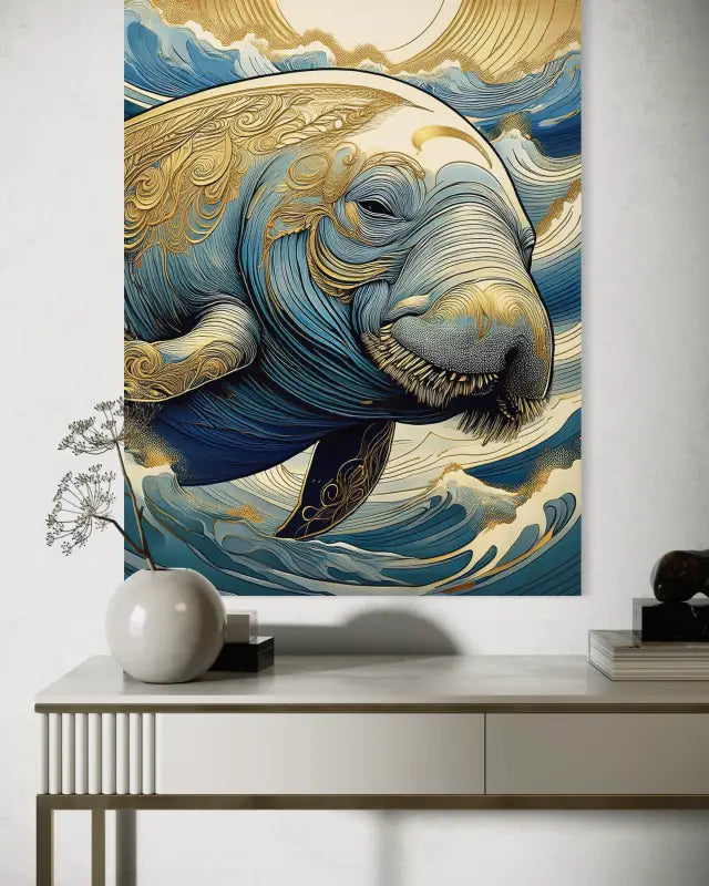 Charming Manatee Hokusai Waves Coastal Glass Print by Echoes of the Sea-above side table